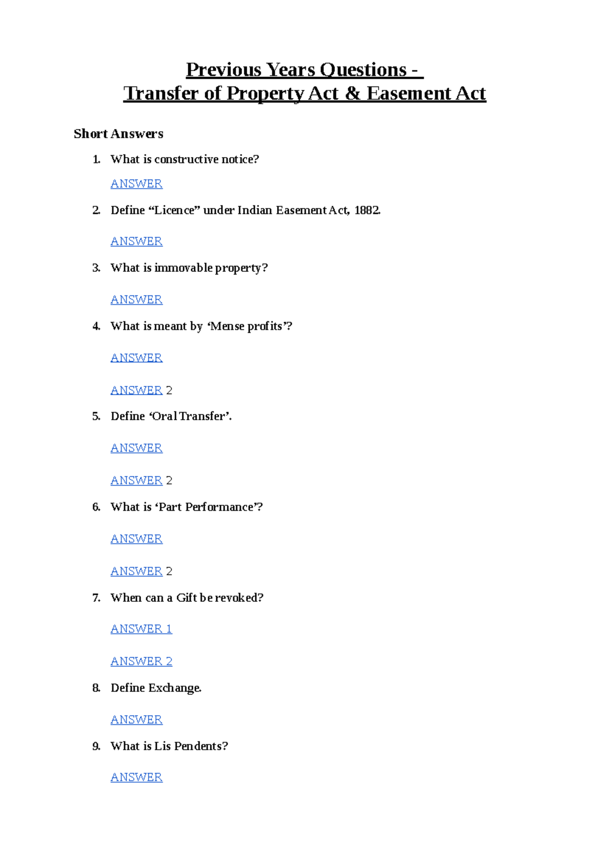 PYQ with Answers TOPA Easement Act Previous Years Questions