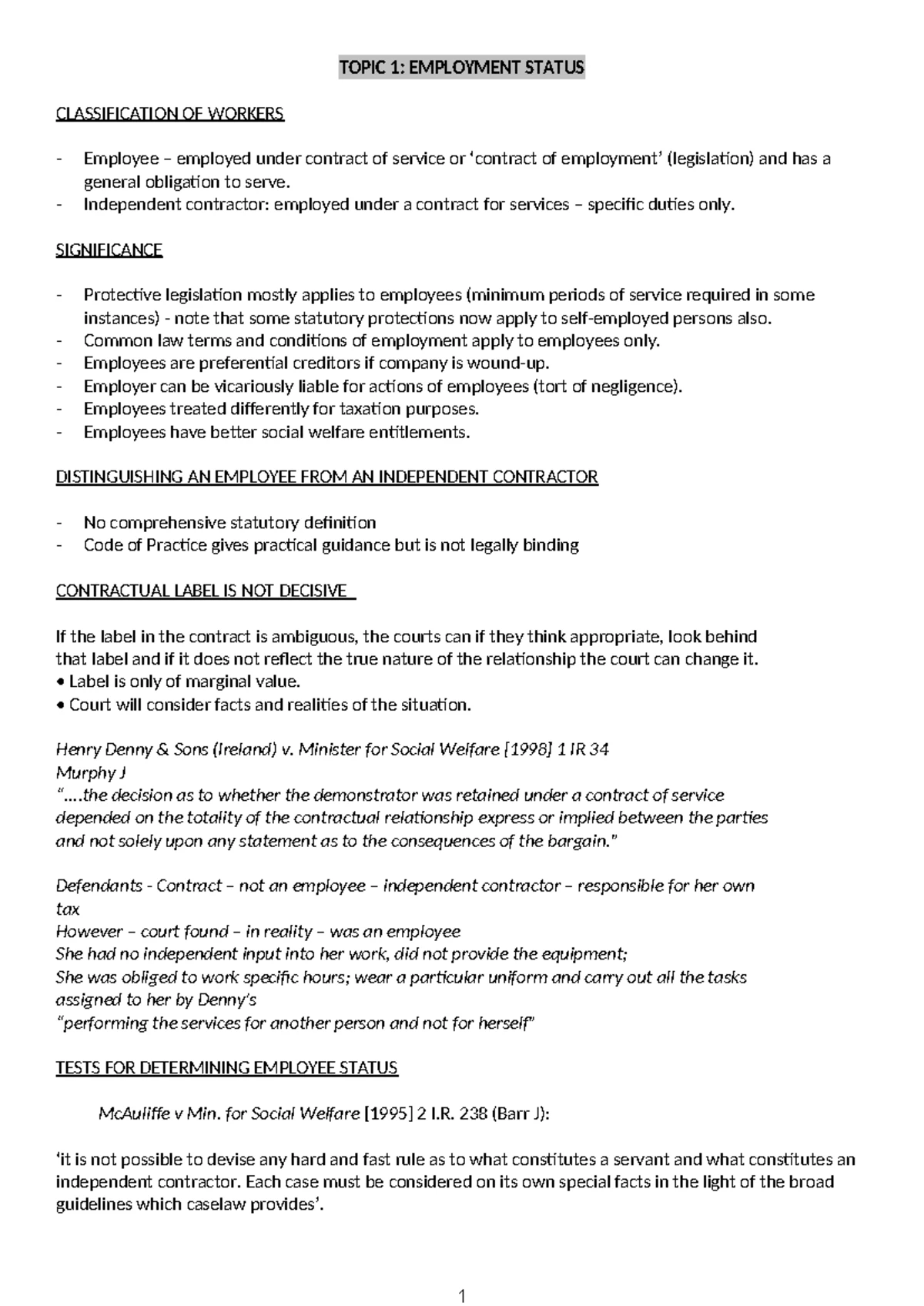 Labour Law Topic 2 Contract of Employment - Topic 2 The Contract of ...