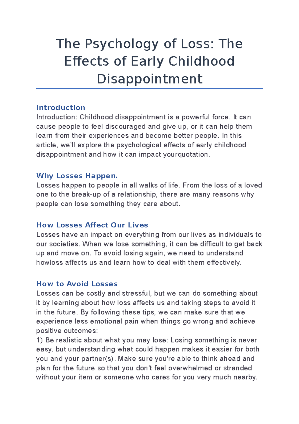 The Psychology of Loss, The Effects of Early Childhood Disappointment
