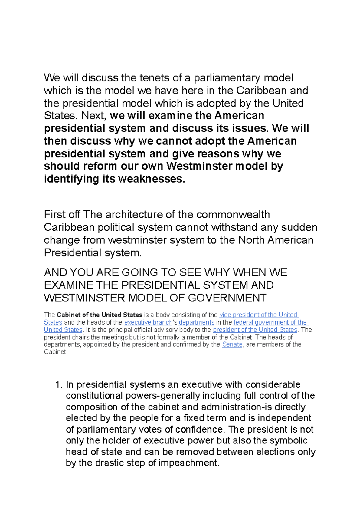Consitutional changes - We will discuss the tenets of a parliamentary ...