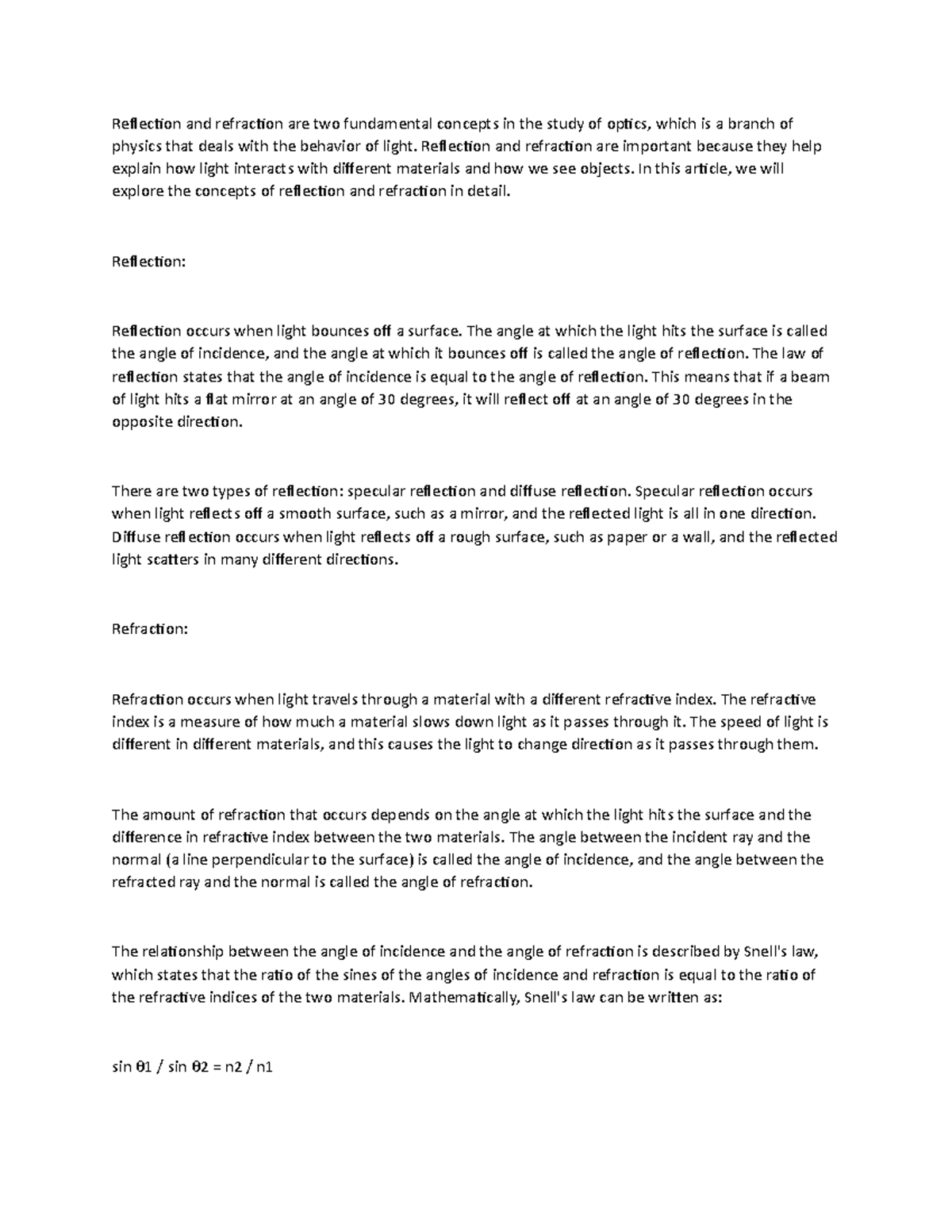Reflection and refraction are two fundamental concepts in the study of ...