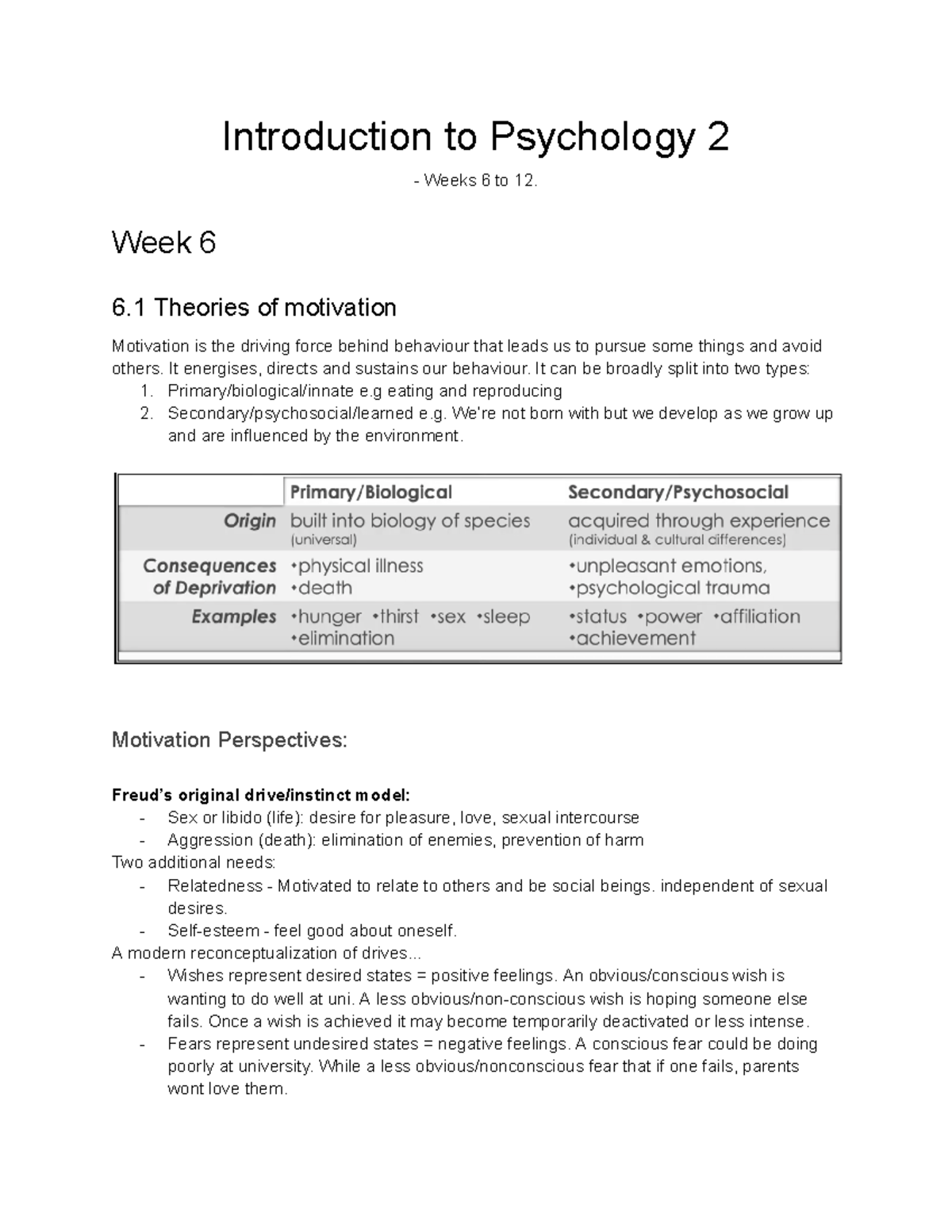 1002PSY intro to psych - Weeks 6-12 for the final exam notes on all ...