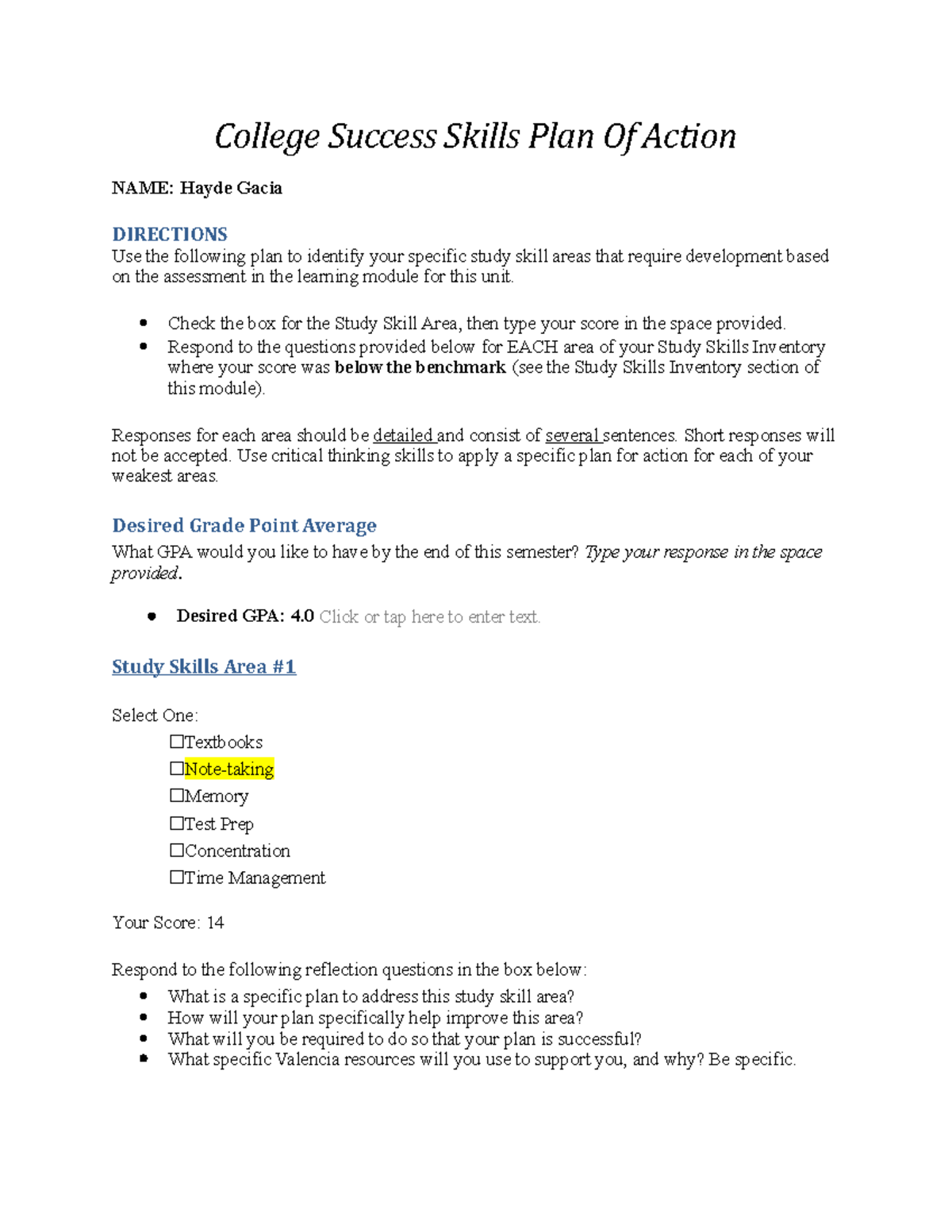 College Success Skills Plan of Action Form - College Success Skills ...