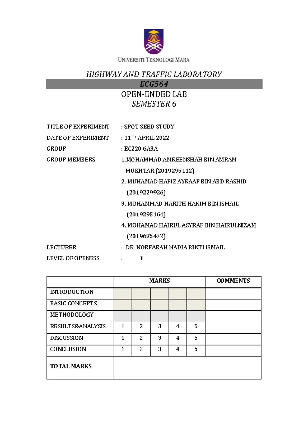 SSS auto completed - speed study report for civil engineering students ...