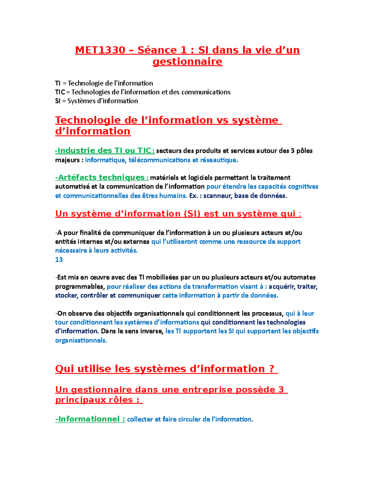 MET1330-séance 1 - Notes de cours 1 - MET1330 – Séance 1 : SI dans la ...