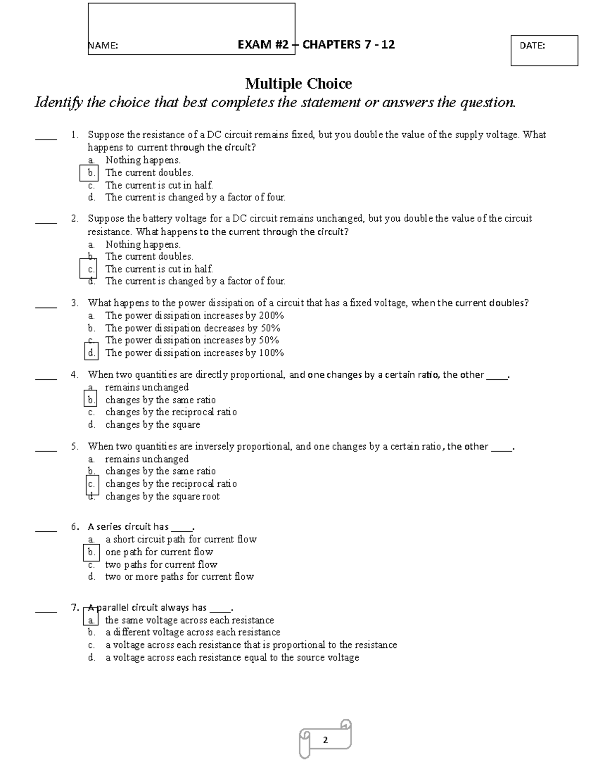 Exam #2.Chapters 7-12 Electricity and Electronics Mathematics-1 ...