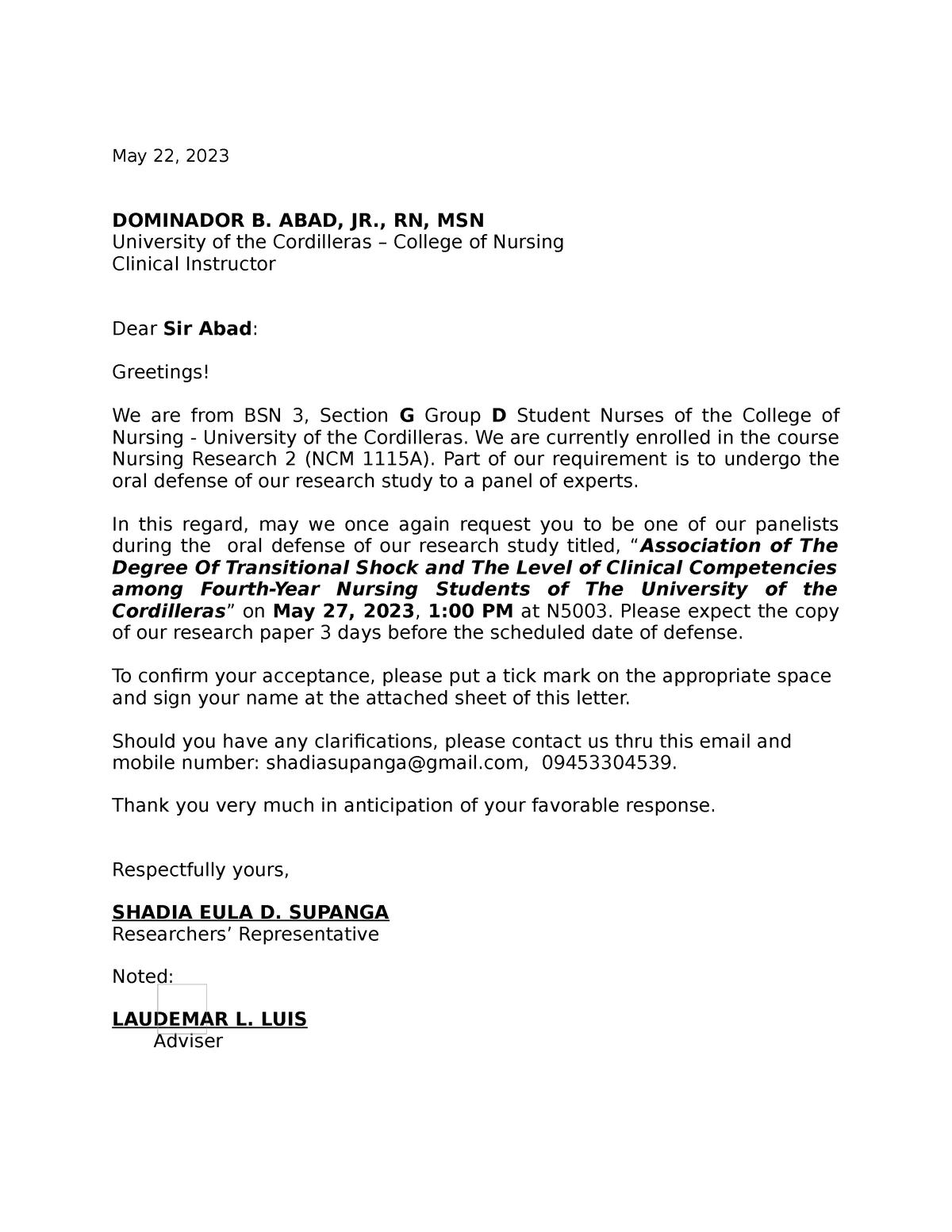 3G D Letter FOR Defense - May 22, 2023 DOMINADOR B. ABAD, JR., RN, MSN ...