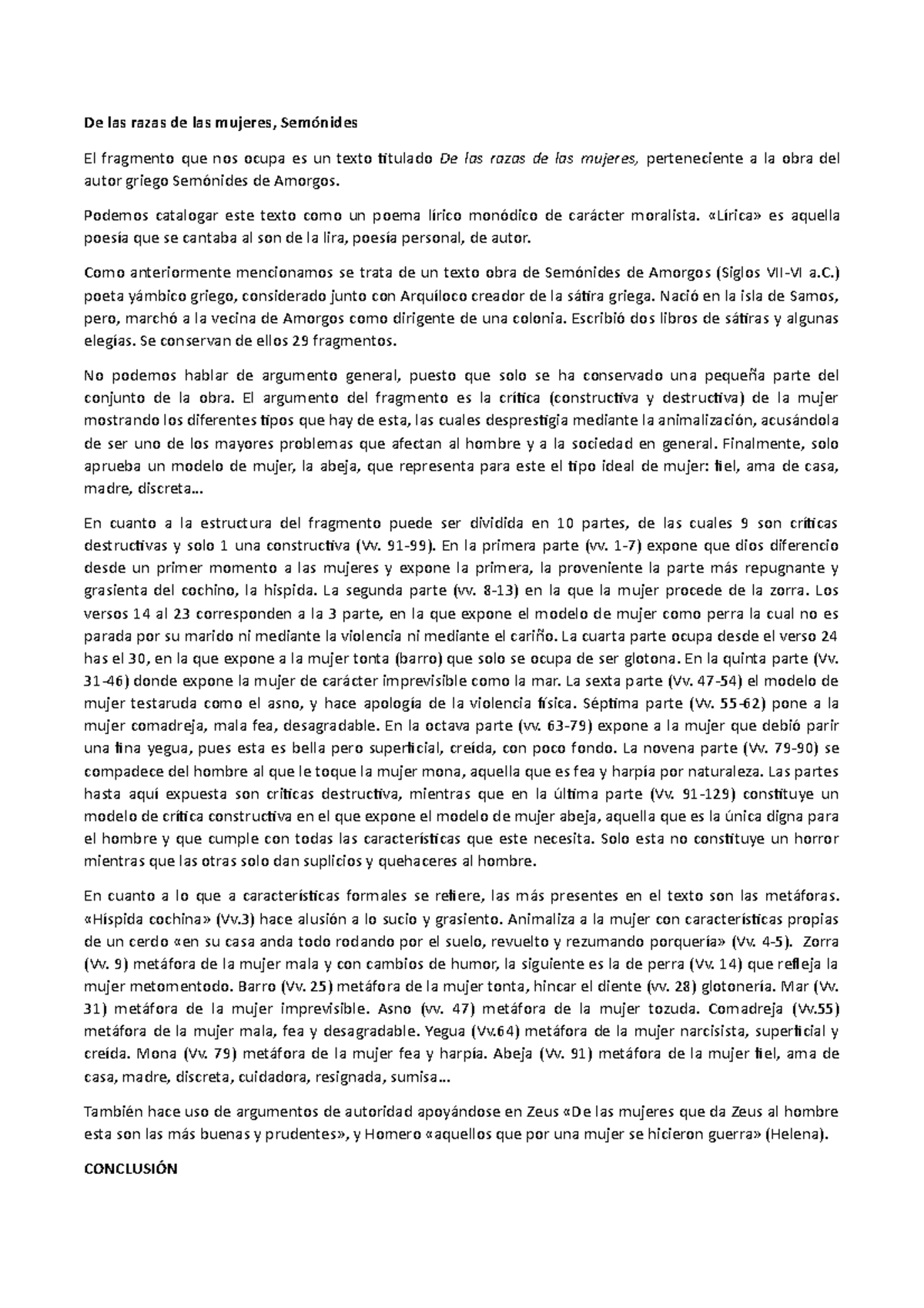 Semónides De las razas de las mujeres, Semónides El fragmento que nos