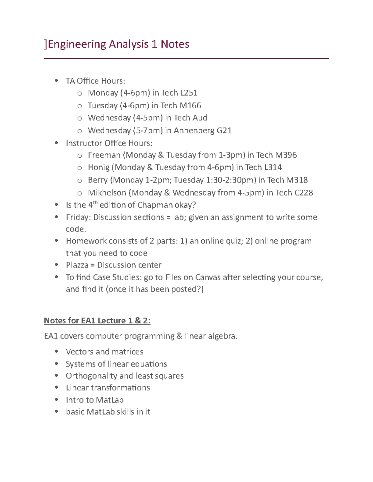 Engineering Analysis 1 Notes ]Engineering Analysis 1 Notes TA Office