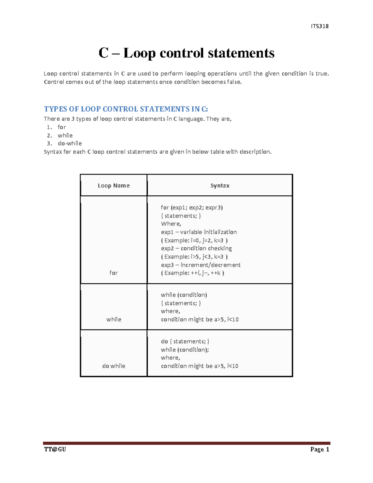 ITS318 Week4 - lecture and practice notes - C – Loop control statements ...