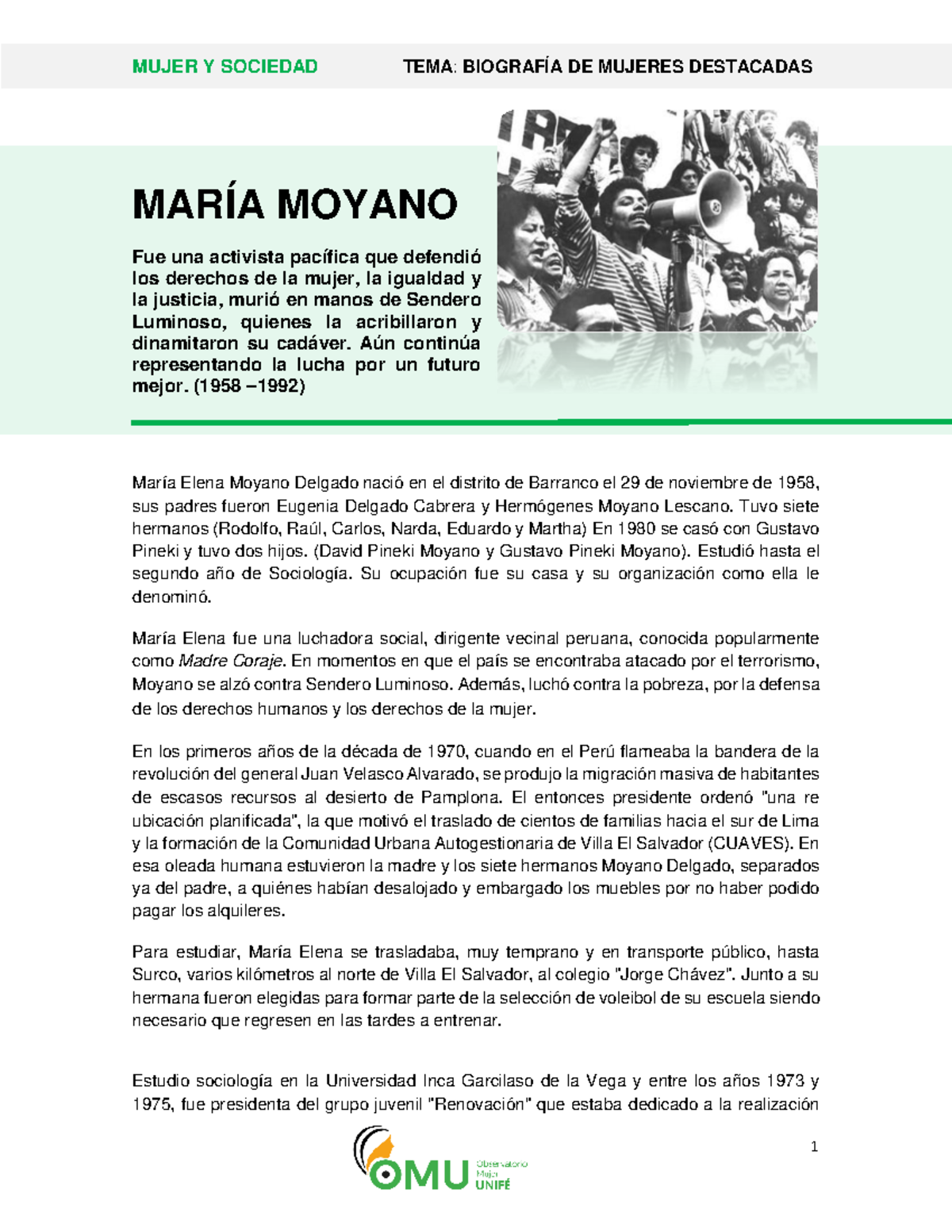 Maria Elena Moyano Luchadora social y dirigente vecinal peruana Perú ...