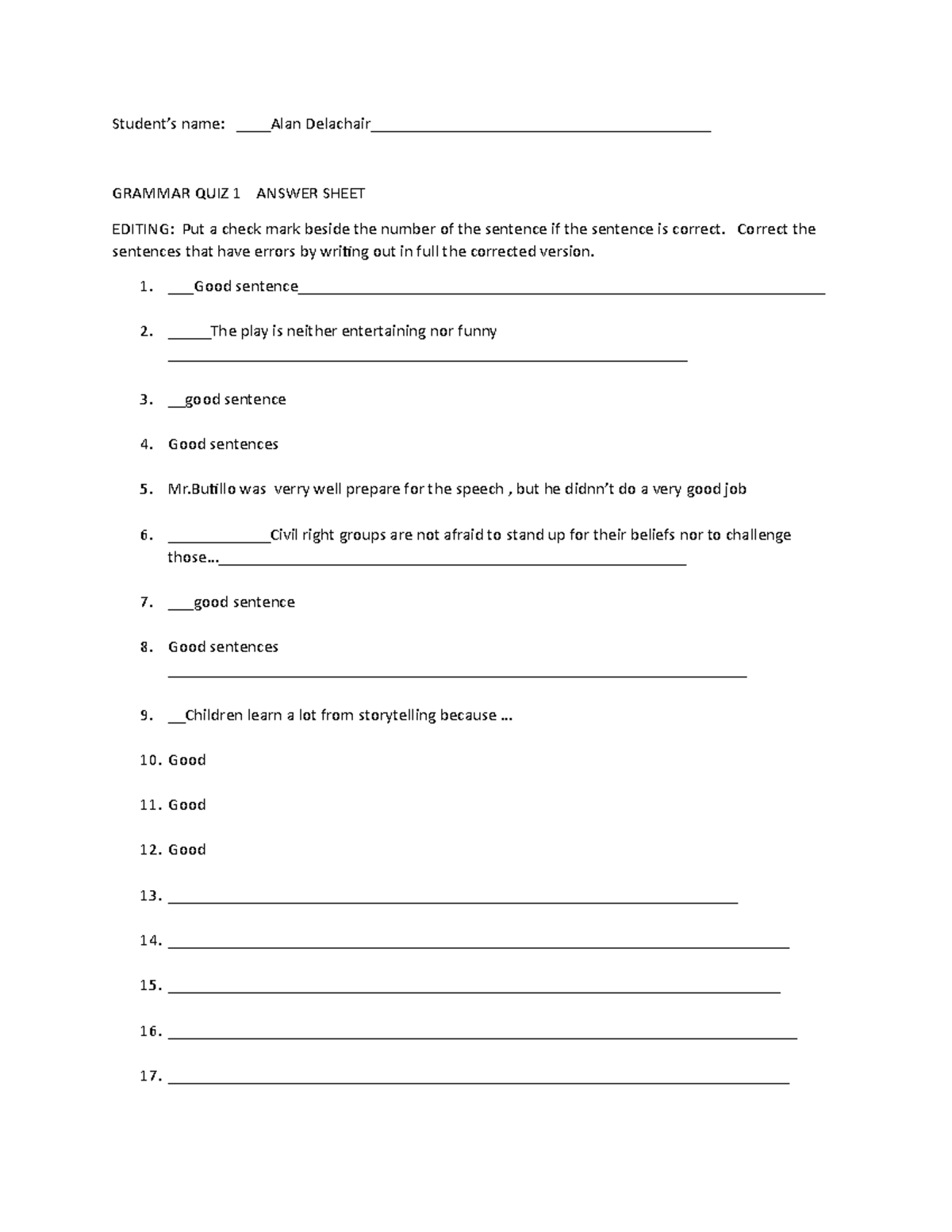 Lecture 7. Grammar QUIZ 1 Answer Sheet - Student’s name: Alan - Studocu