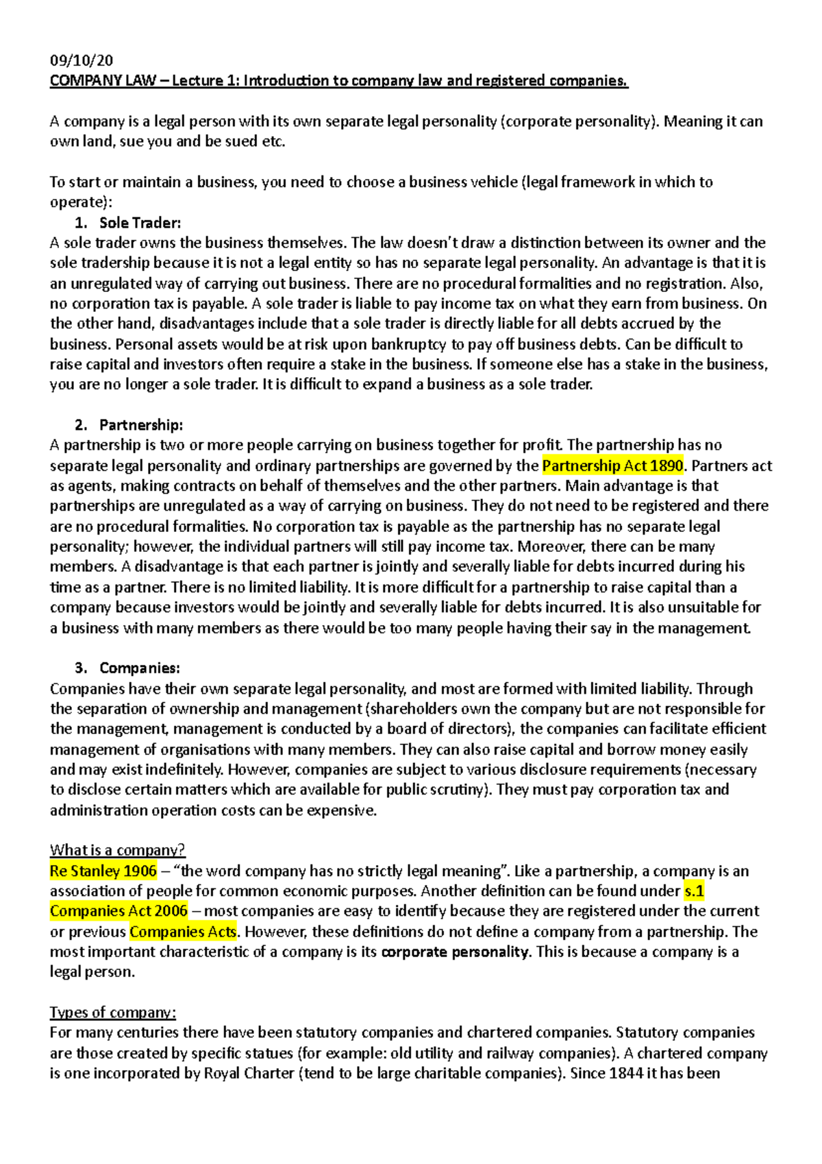 1 intro and registered companies - 09/10/ COMPANY LAW – Lecture 1 ...