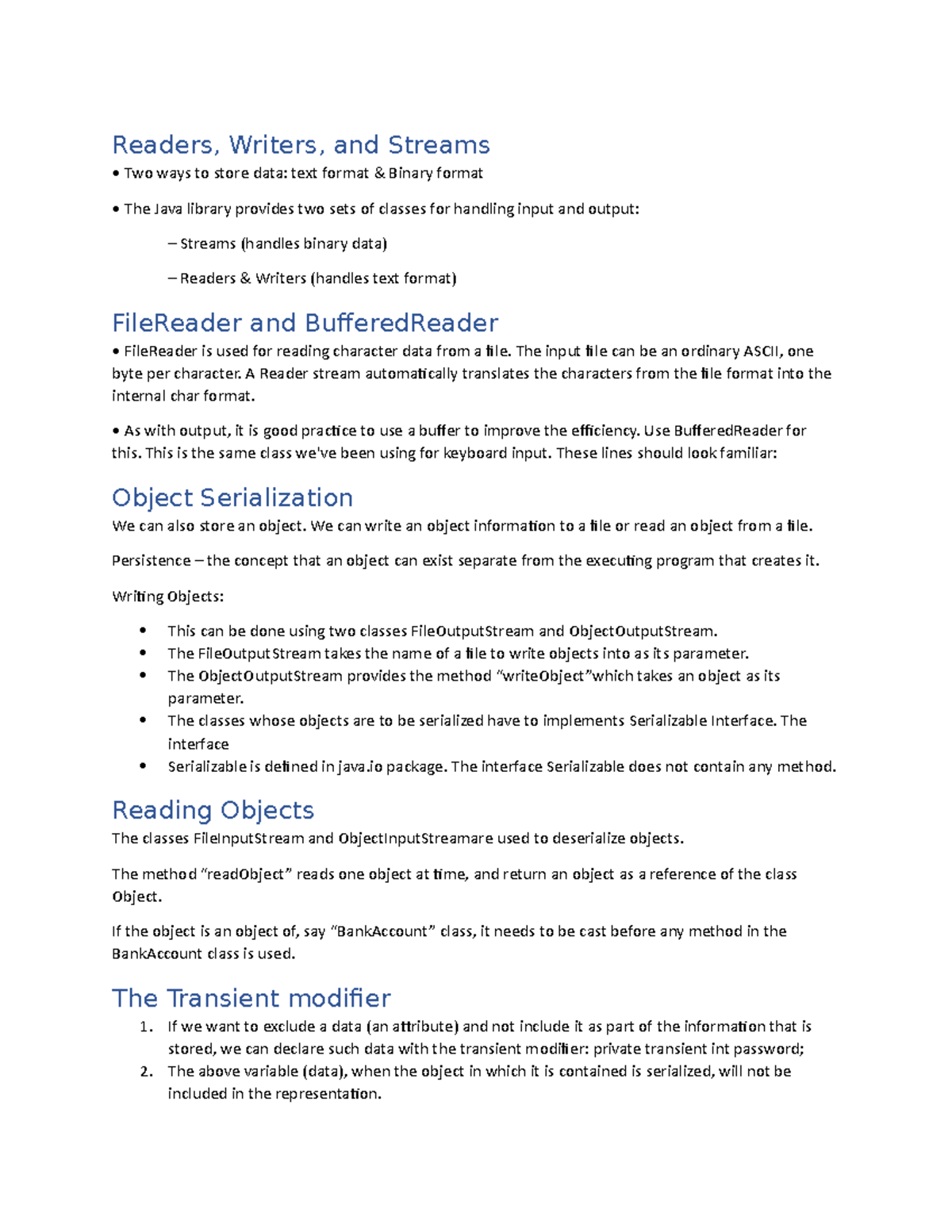 Cse - Lecture notes - Readers, Writers, and Streams Two ways to store ...