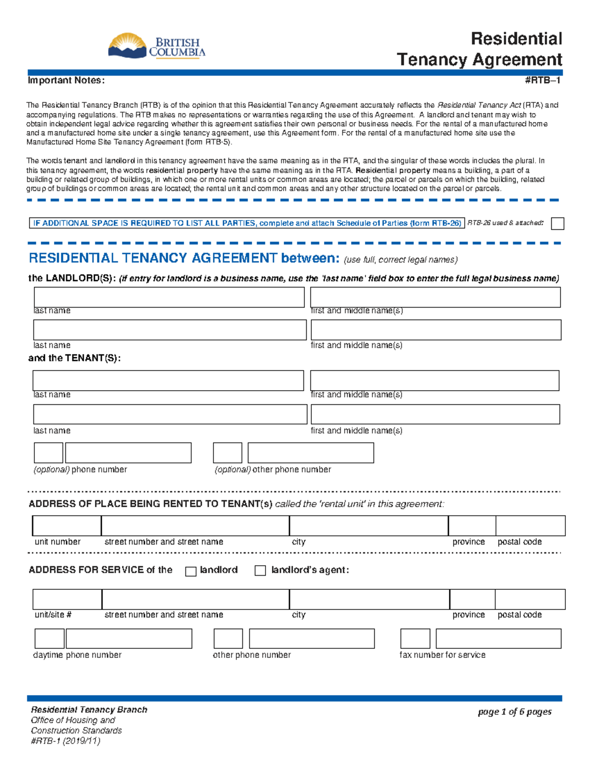 BC Residential Tenancy Agreement - The RTB makes no representations or ...