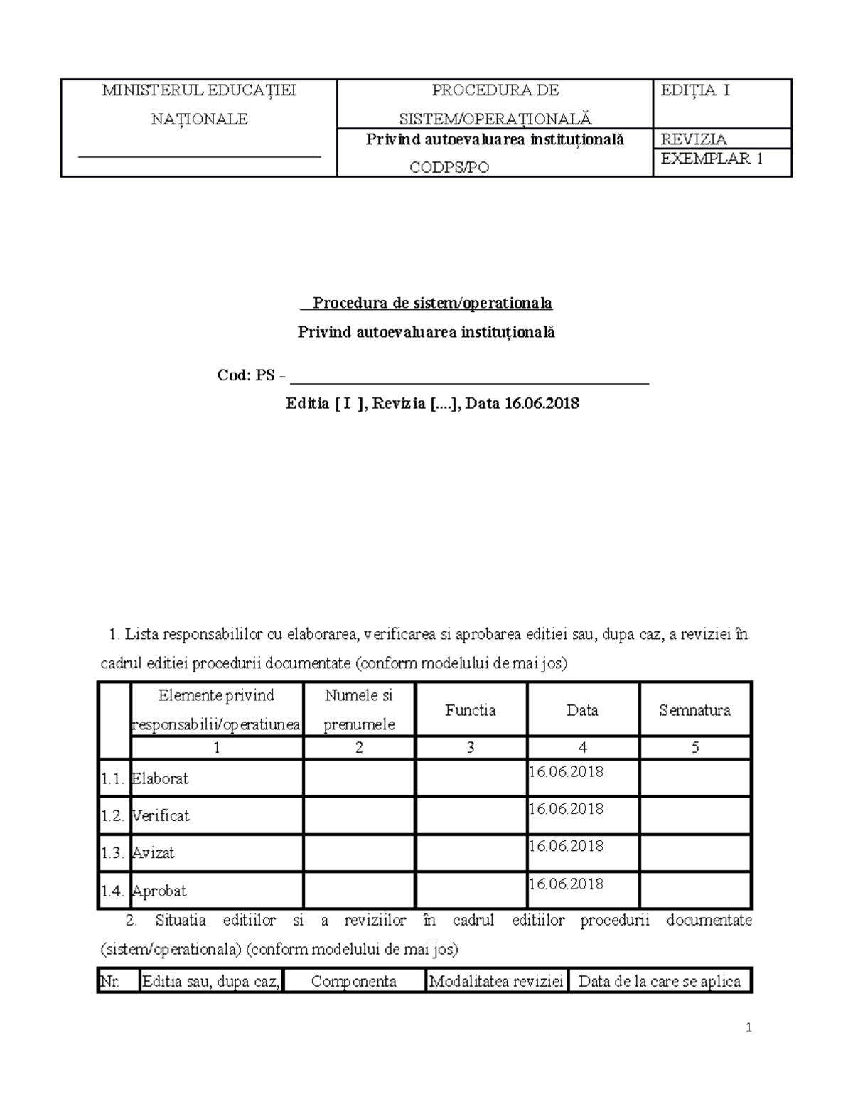 Procedura operationala autoevaluare institutionala - MINISTERUL ...
