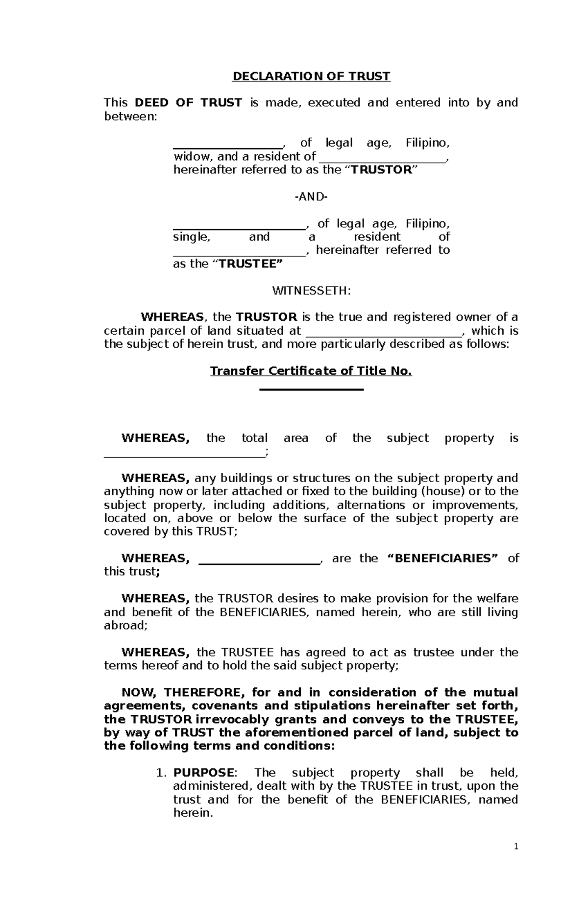DEED OF Trust Generic DECLARATION OF TRUST This DEED OF TRUST Is Made 