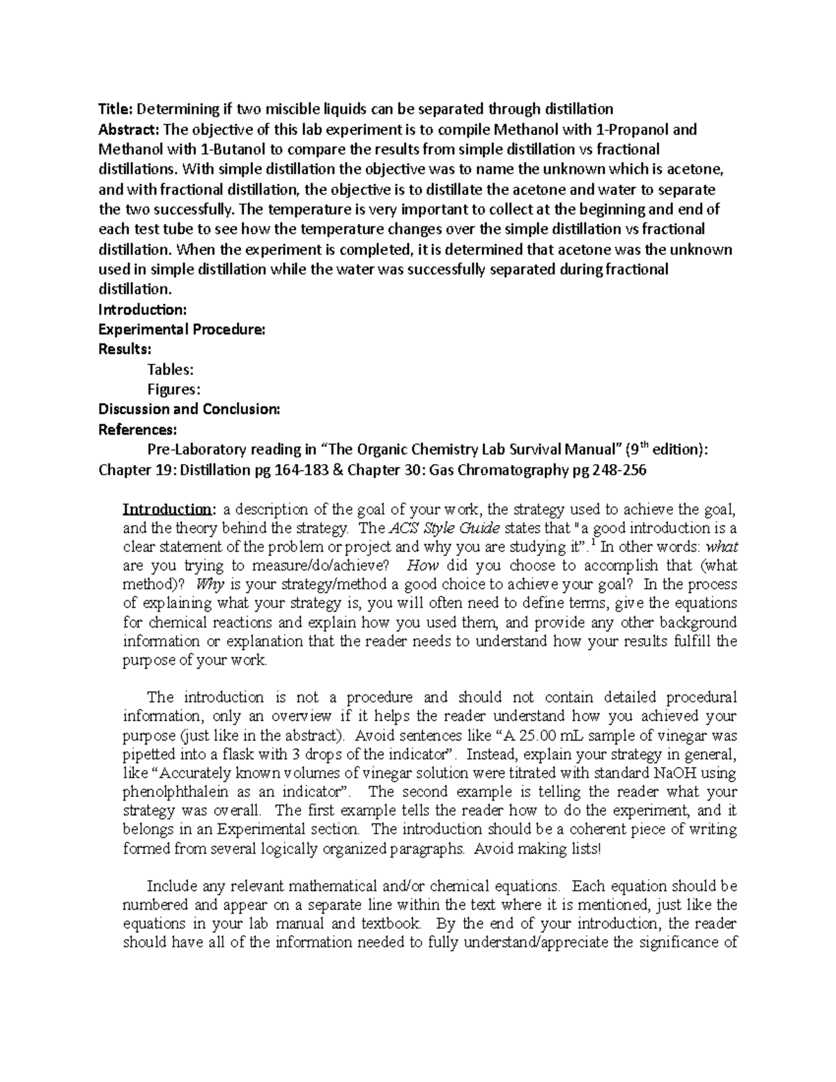 formal lab report on distillation for experiment 4 - Title: Determining ...