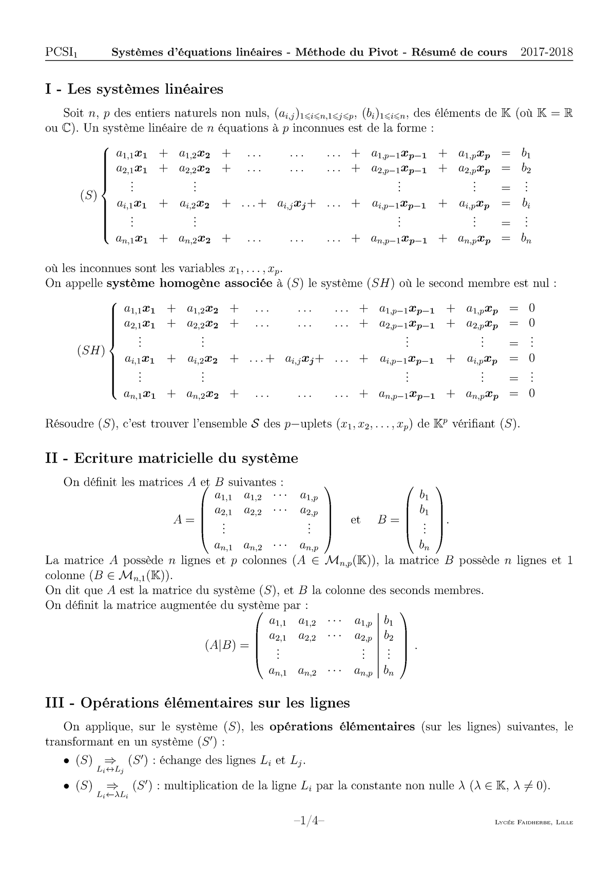 Les Systemes Lineaires Cours - 1 I - Les Systèmes Linéaires Soit 푛, 푝 ...