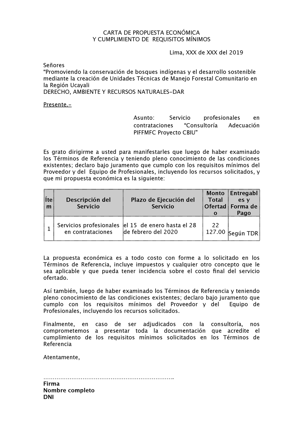 Modelo Carta Propuesta Economica Carta De Propuesta EconÓmica Y Cumplimiento De Requisitos 7194