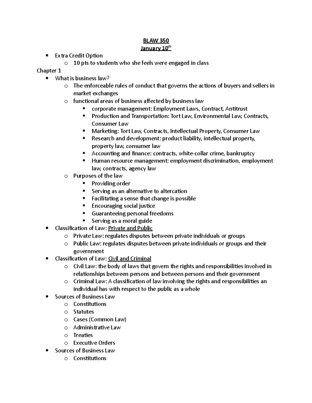 Chapter 1 Lecture Notes BLAW 350 January 10th Extra Credit Option O