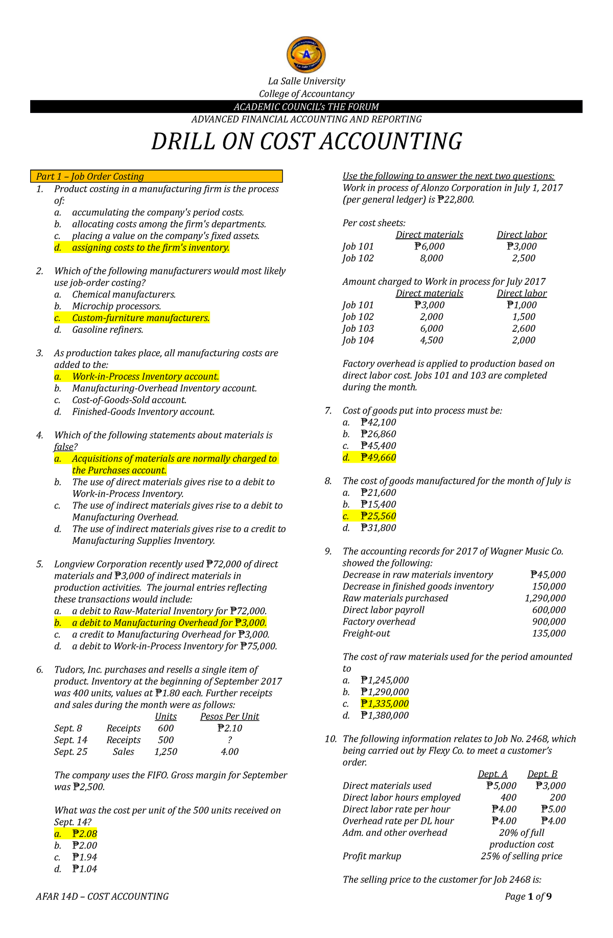 368489934 AFAR 14D Cost Accounting Job Order Process Costing JIT Backflush  Activity Based Costing - StuDocu
