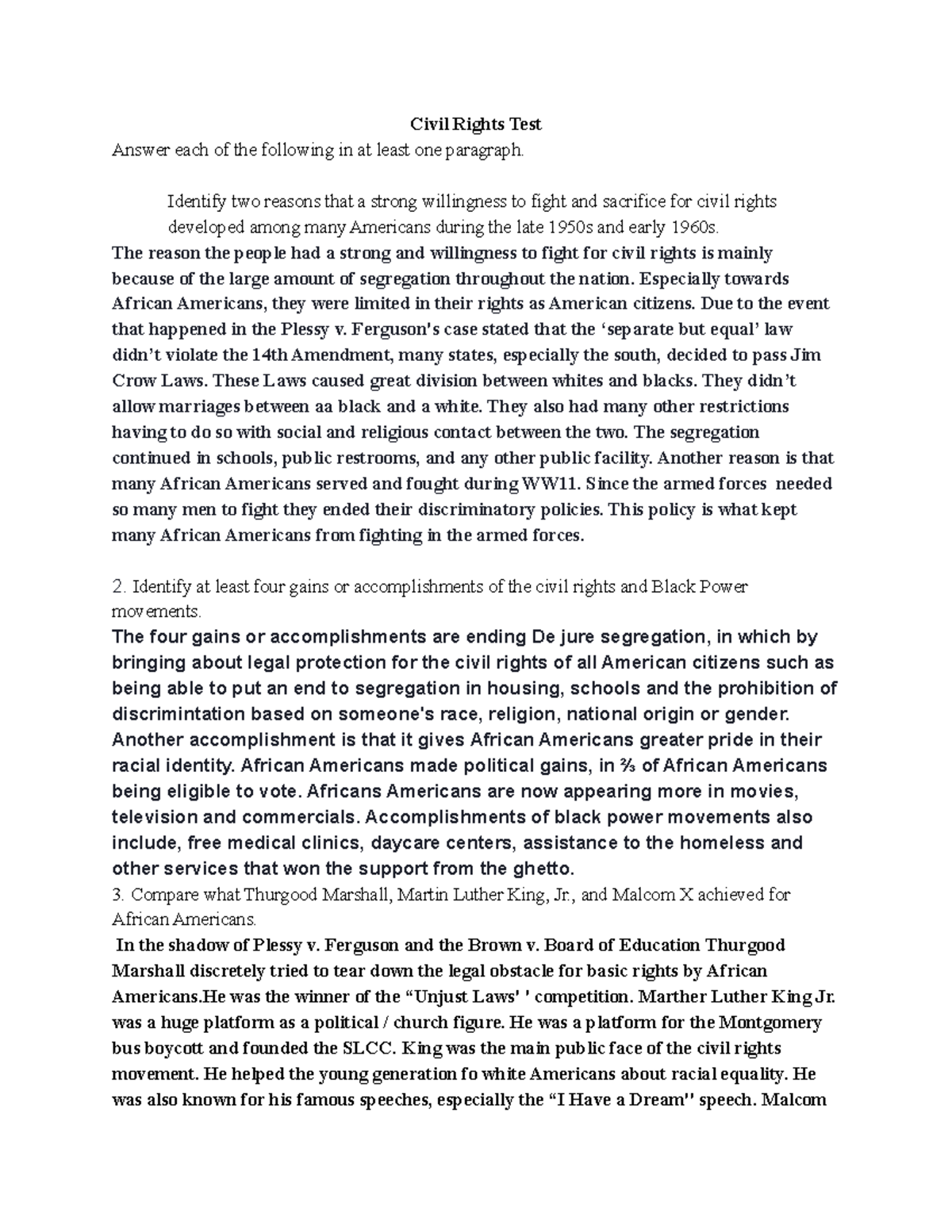 Copy of Emma Diaz - Civil Rights Test - Civil Rights Test Answer each ...