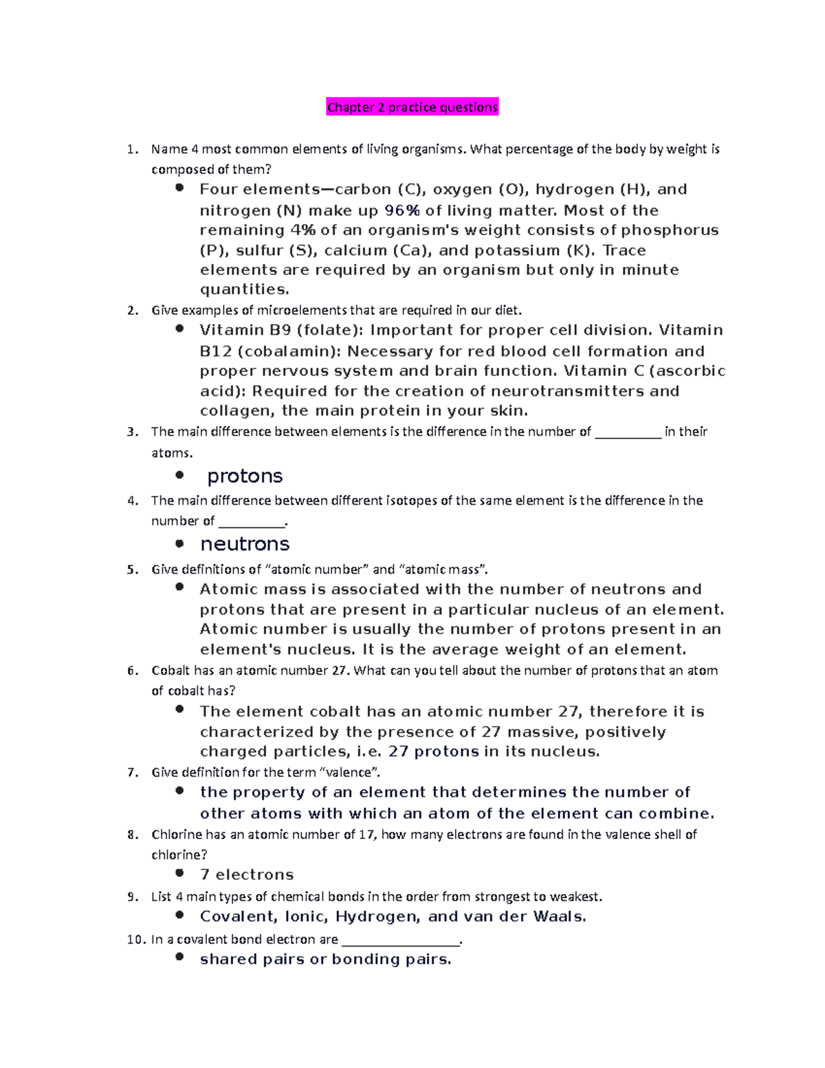 BIO2401 Ch2 Chemistry Study Guide-F23 - Chapter 2 Practice Questions ...