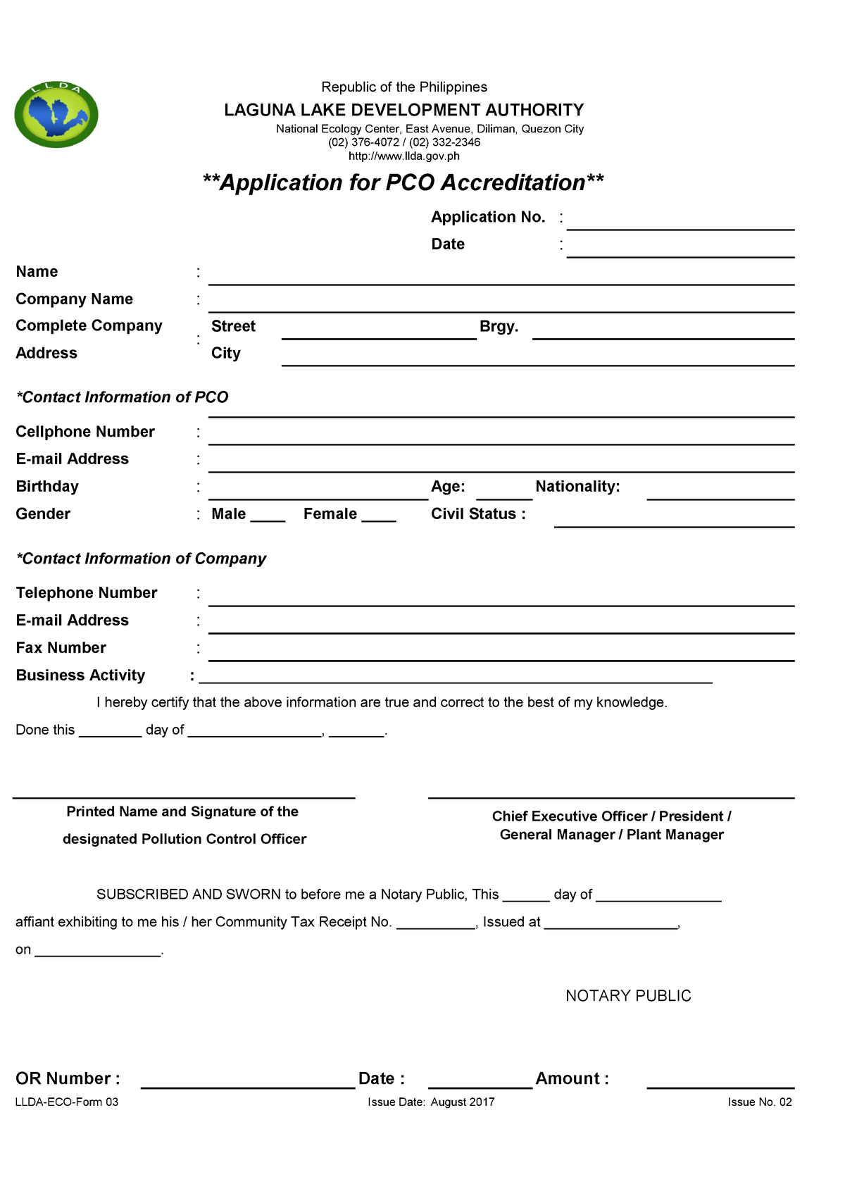 PCO application - Environmental Planning with notes from LLDA and DENR - Application No. : Date 