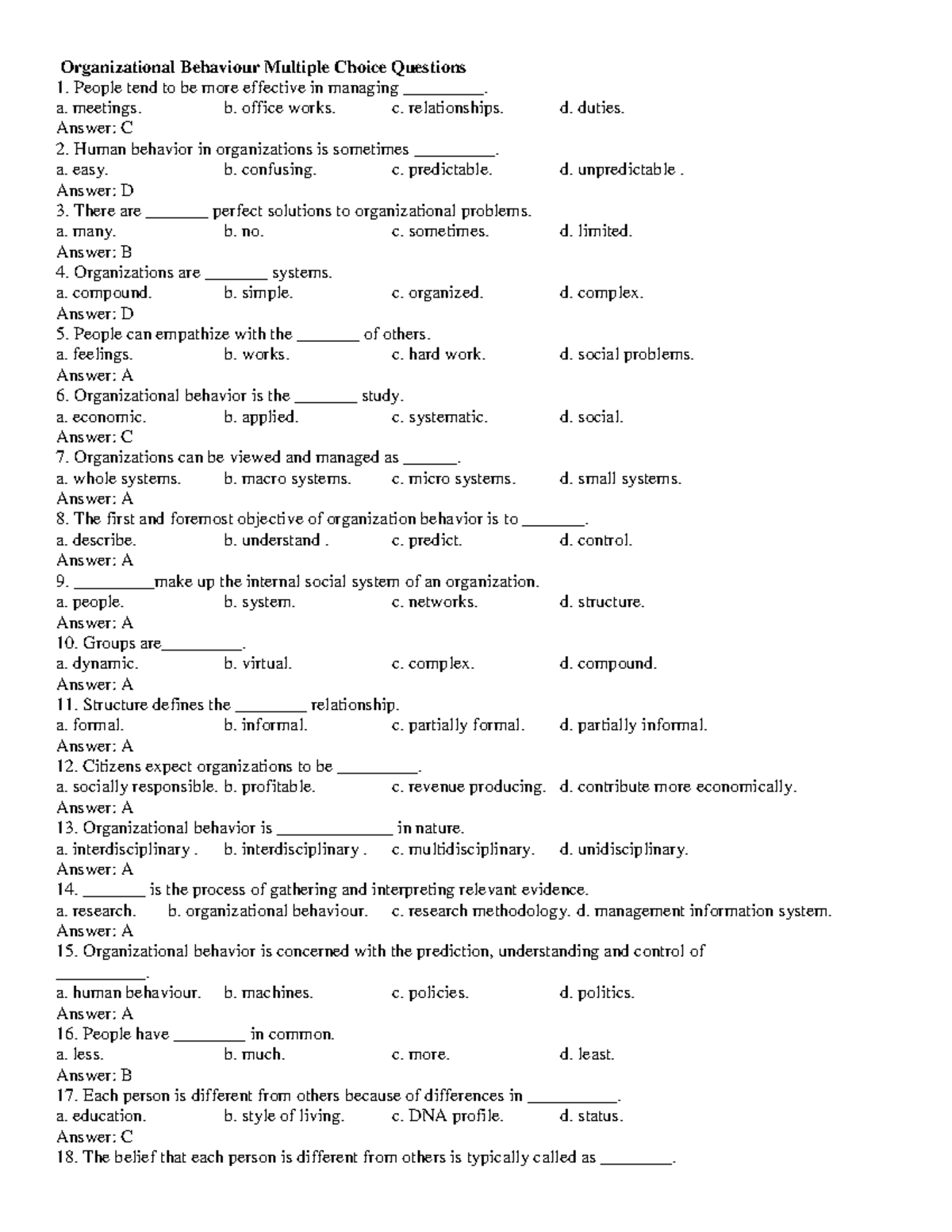 Organizational Behaviour Multiple Choice Questions With Answers ...