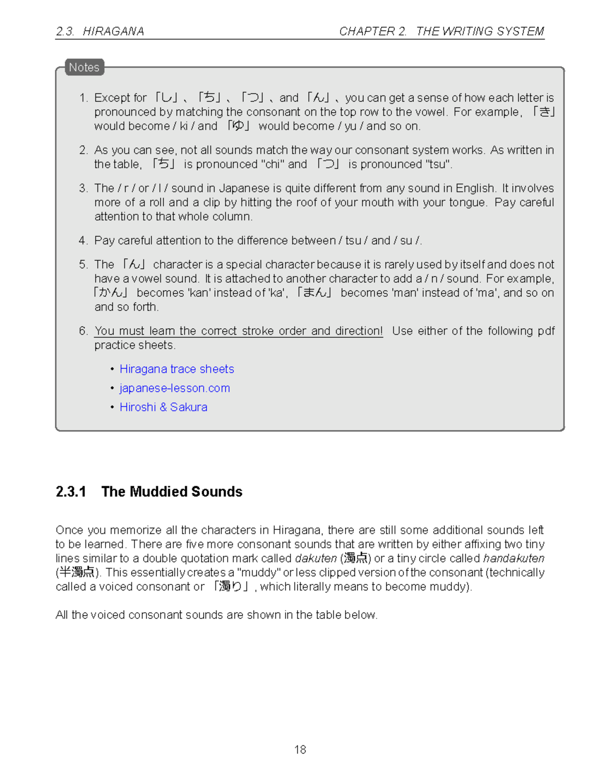 Grammar guide-18 - Notes - 2. HIRAGANA CHAPTER 2. THE WRITING SYSTEM 