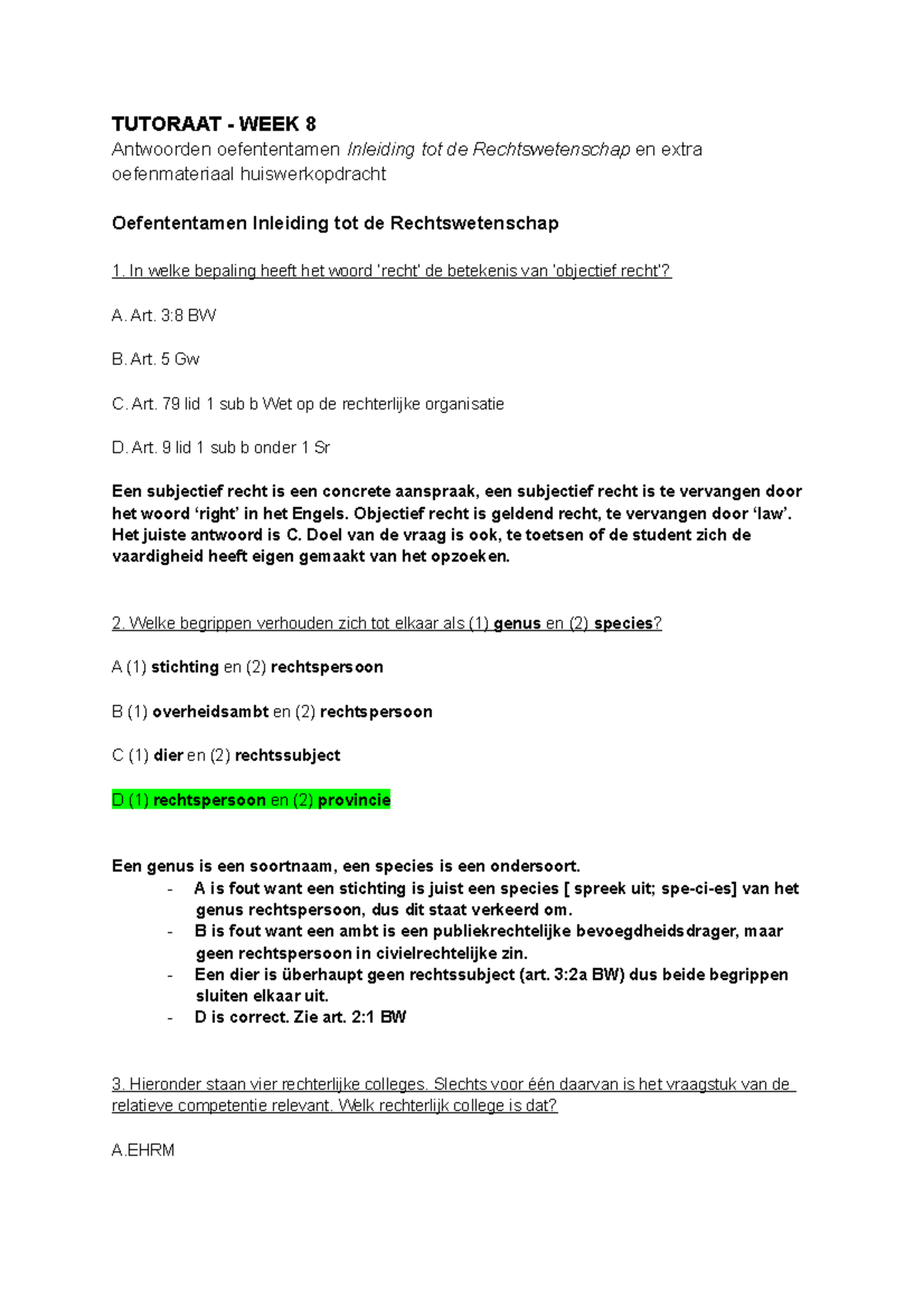 Inleiding Rechtswetenschappen Oefenvragen - TUTORAAT - WEEK 8 ...