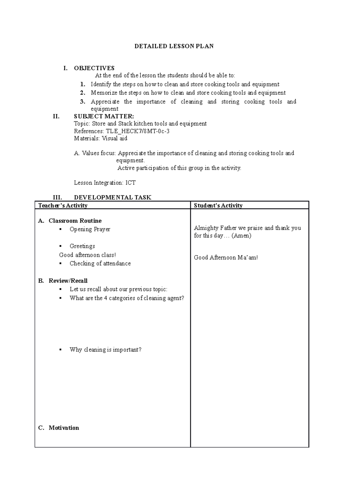 LP 3 - HOME ECONOMICS - DETAILED LESSON PLAN I. OBJECTIVES At the end ...