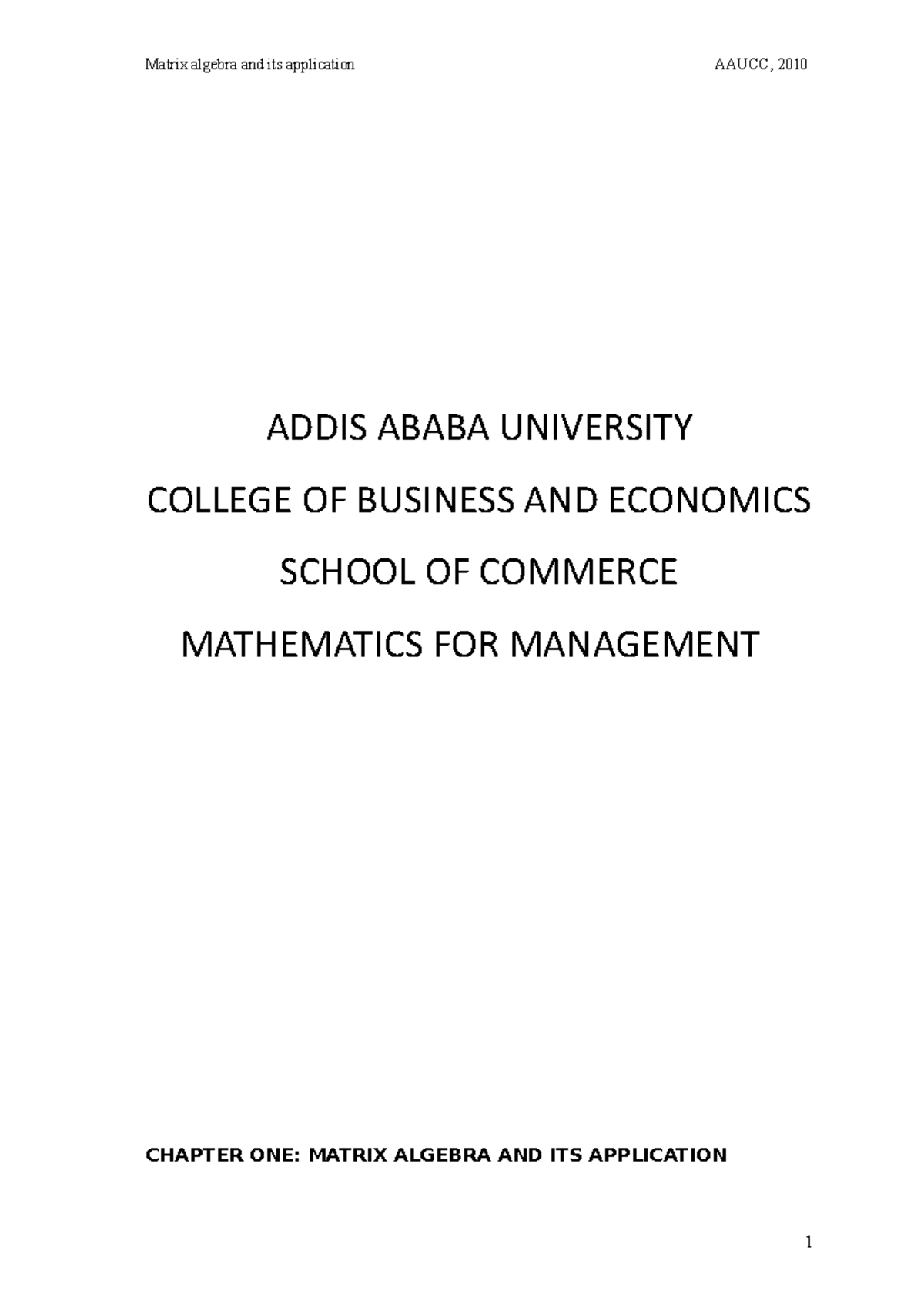 Maths for Management - yes - ADDIS ABABA UNIVERSITY COLLEGE OF BUSINESS ...