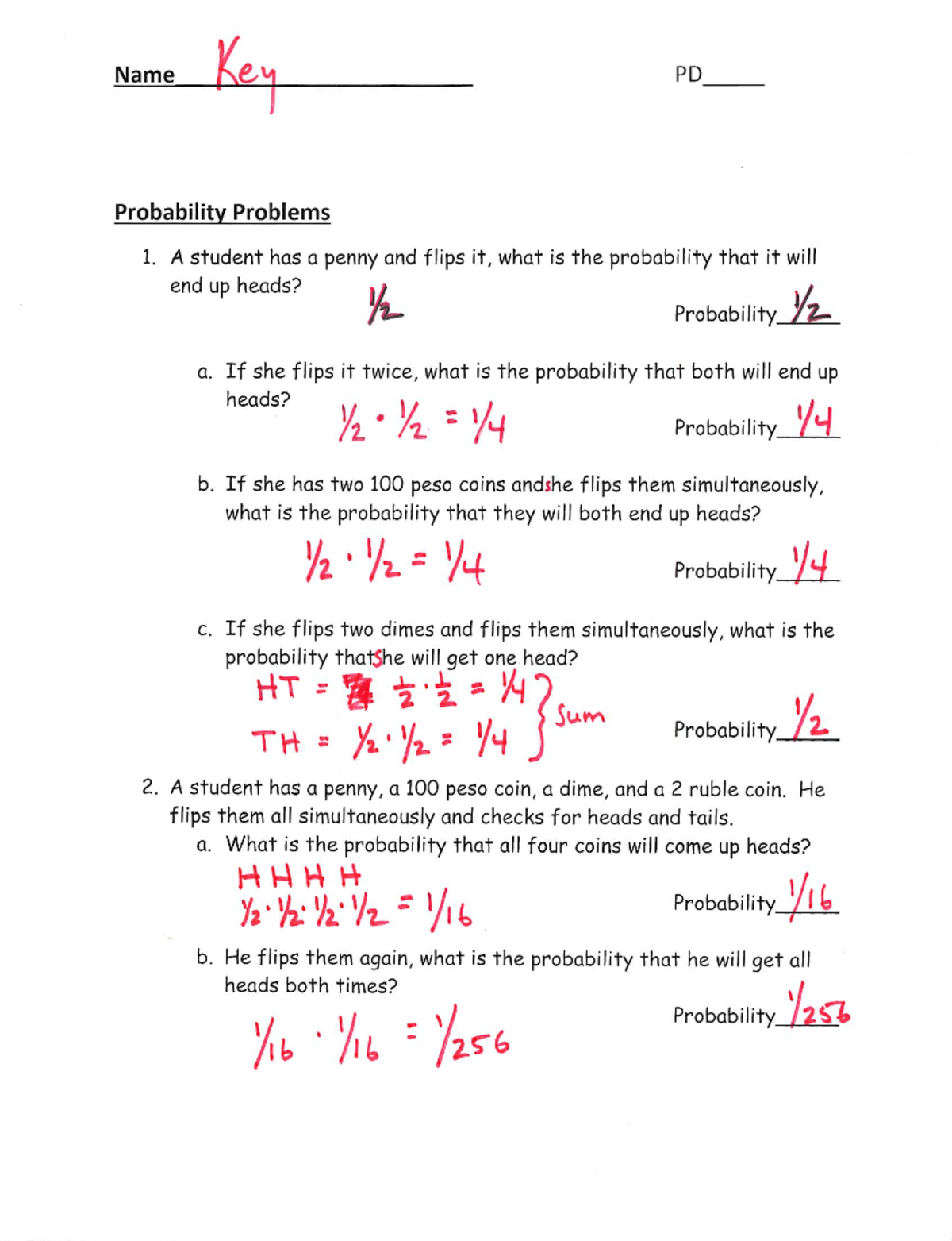 Probability WS Key - Answer key - Name Key PD Probability Problems 1. A ...