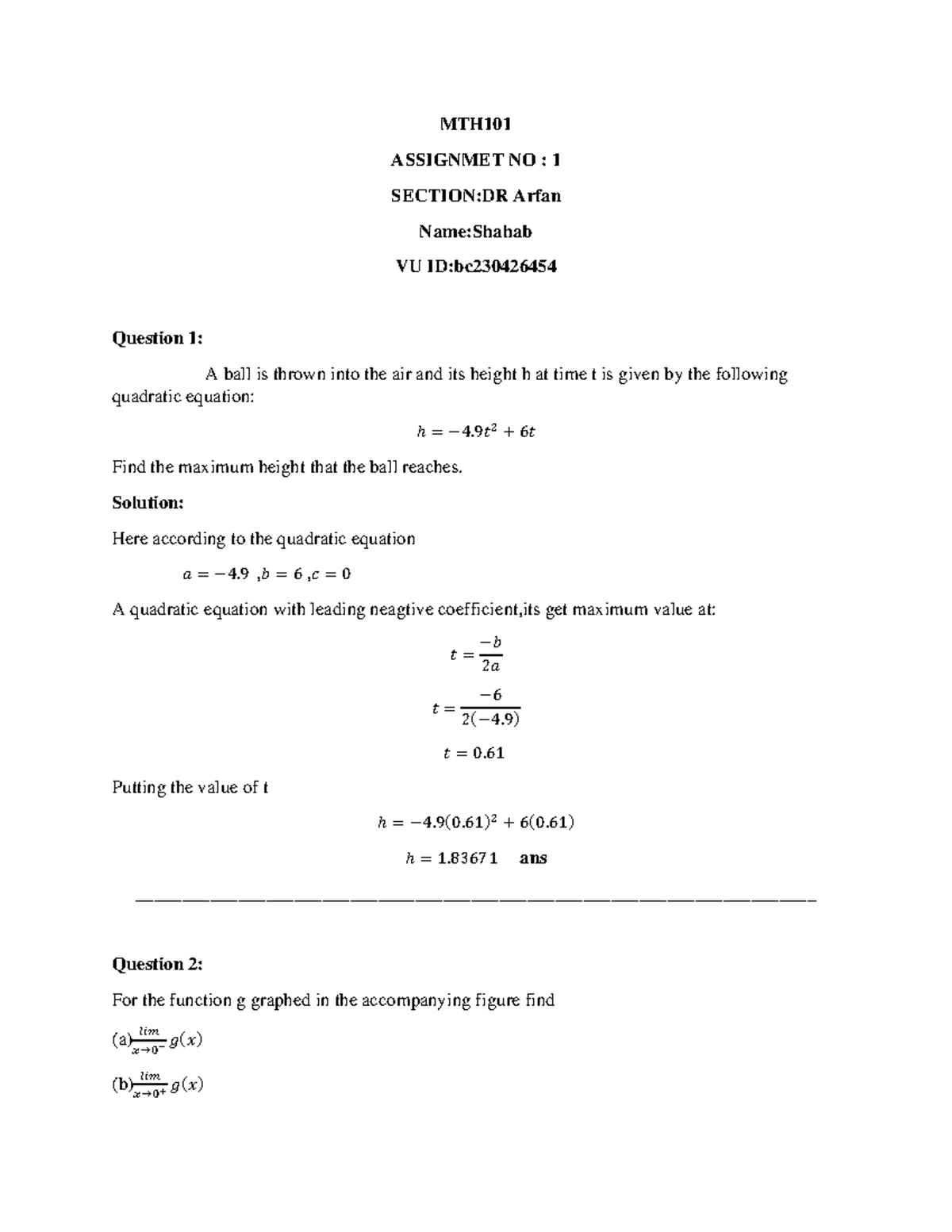 MTH101 - MTH 101 Assignment 1 Solved - MTH ASSIGNMET NO : 1 SECTION:DR ...