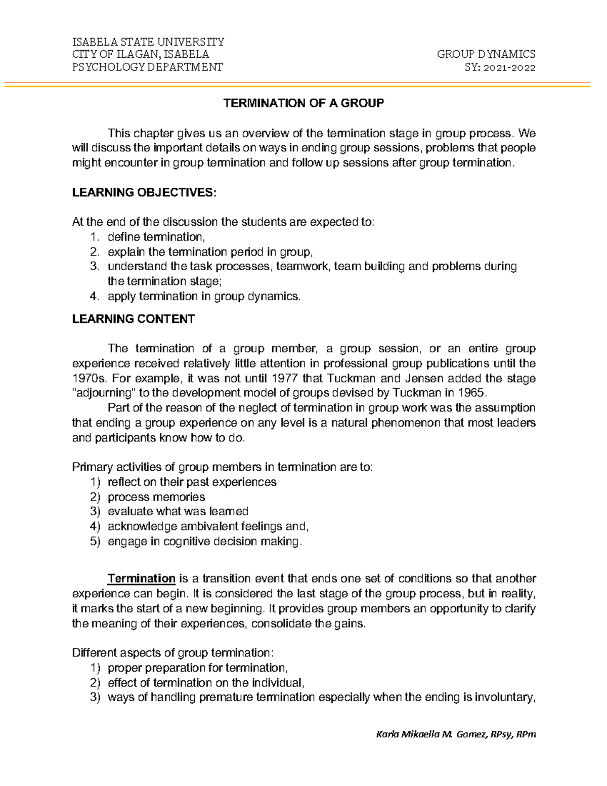Termination OF A Group CITY OF ILAGAN, ISABELA GROUP DYNAMICS