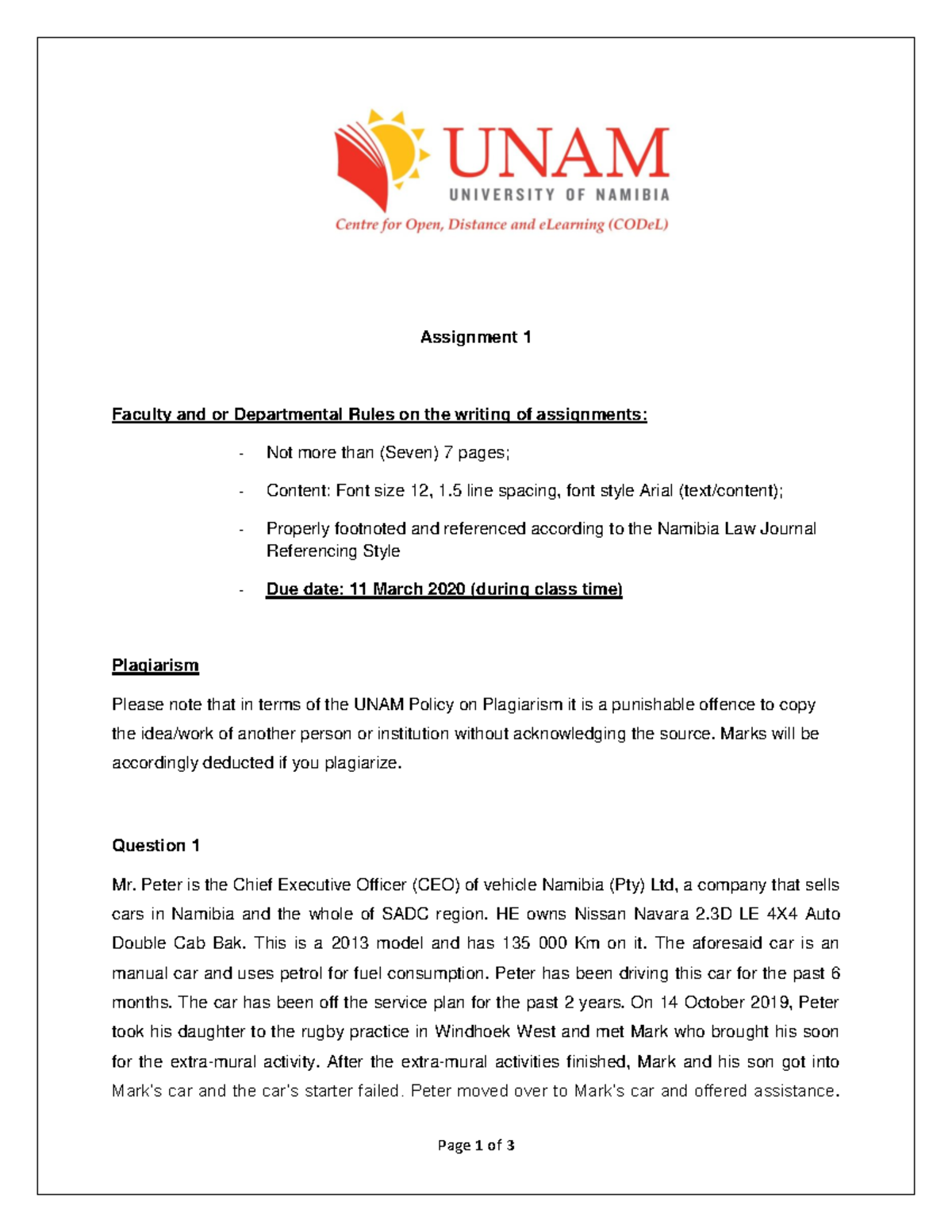Law of Contract assignment 2020 - Page 1 of 3 Assignment 1 Faculty and ...