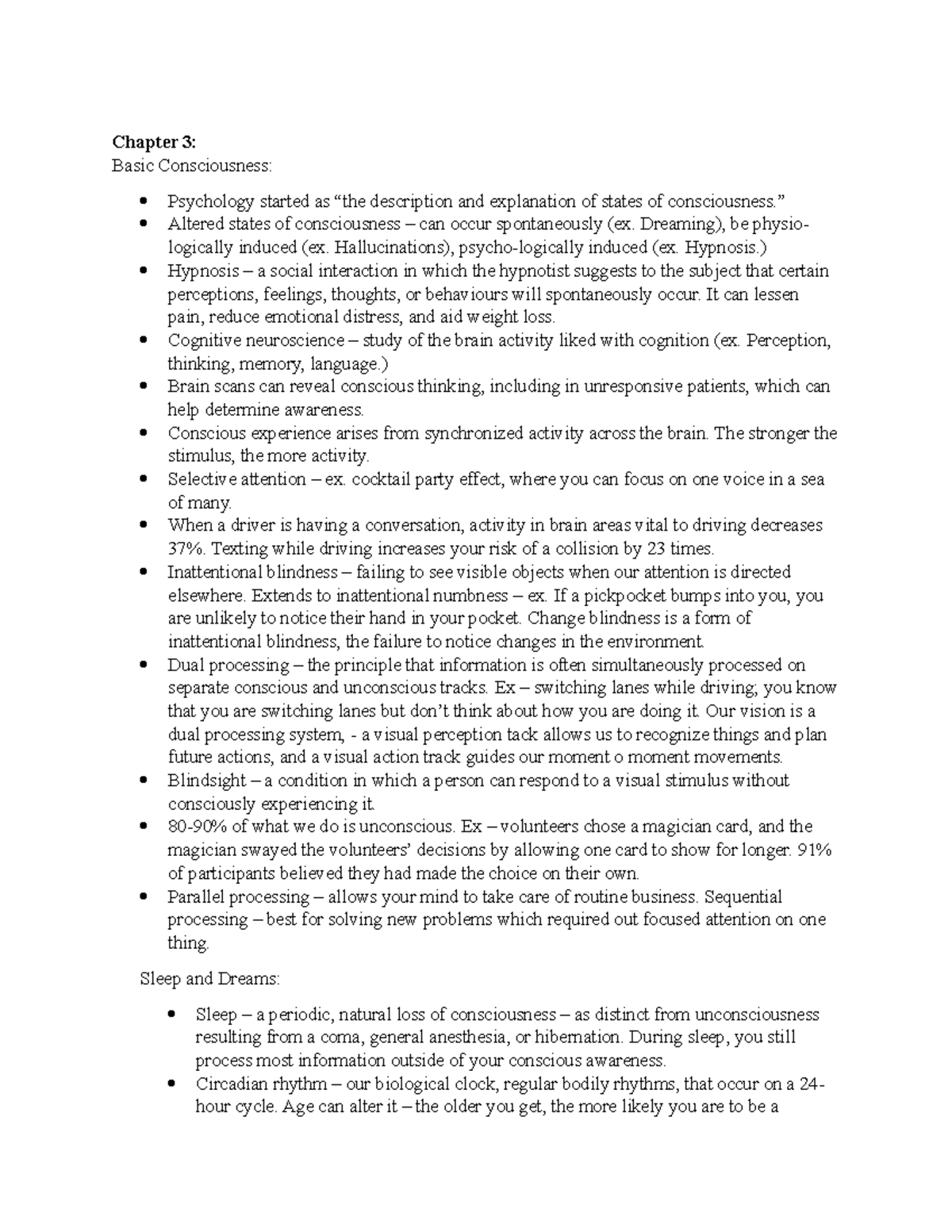 Chapter 3 notes - Chapter 3: Basic Consciousness: Psychology started as ...