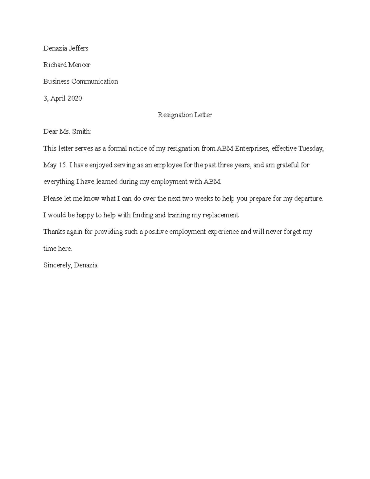 Resignation Letter - Denazia Jeffers Richard Mencer Business ...