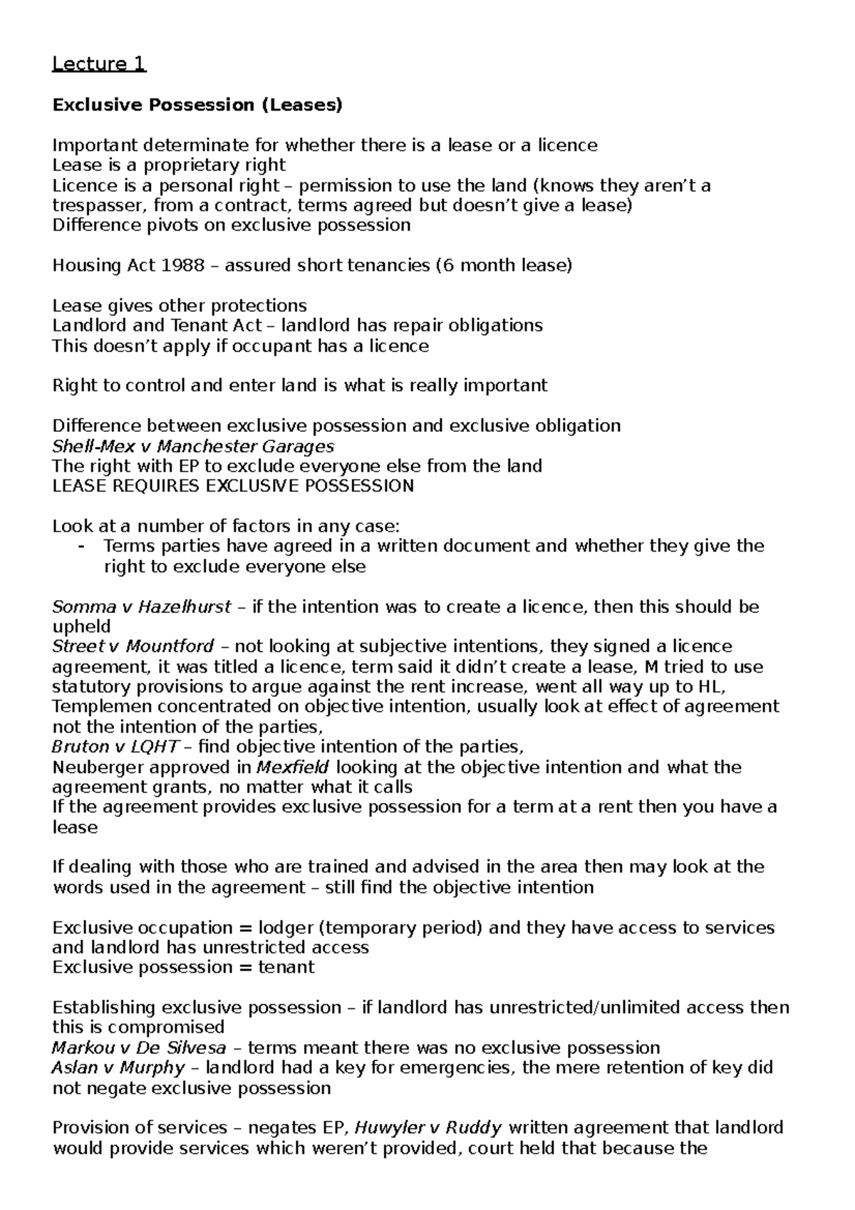Weeks 8 - 12 - Lecture notes 13-18 - Lecture 1 Exclusive Possession ...