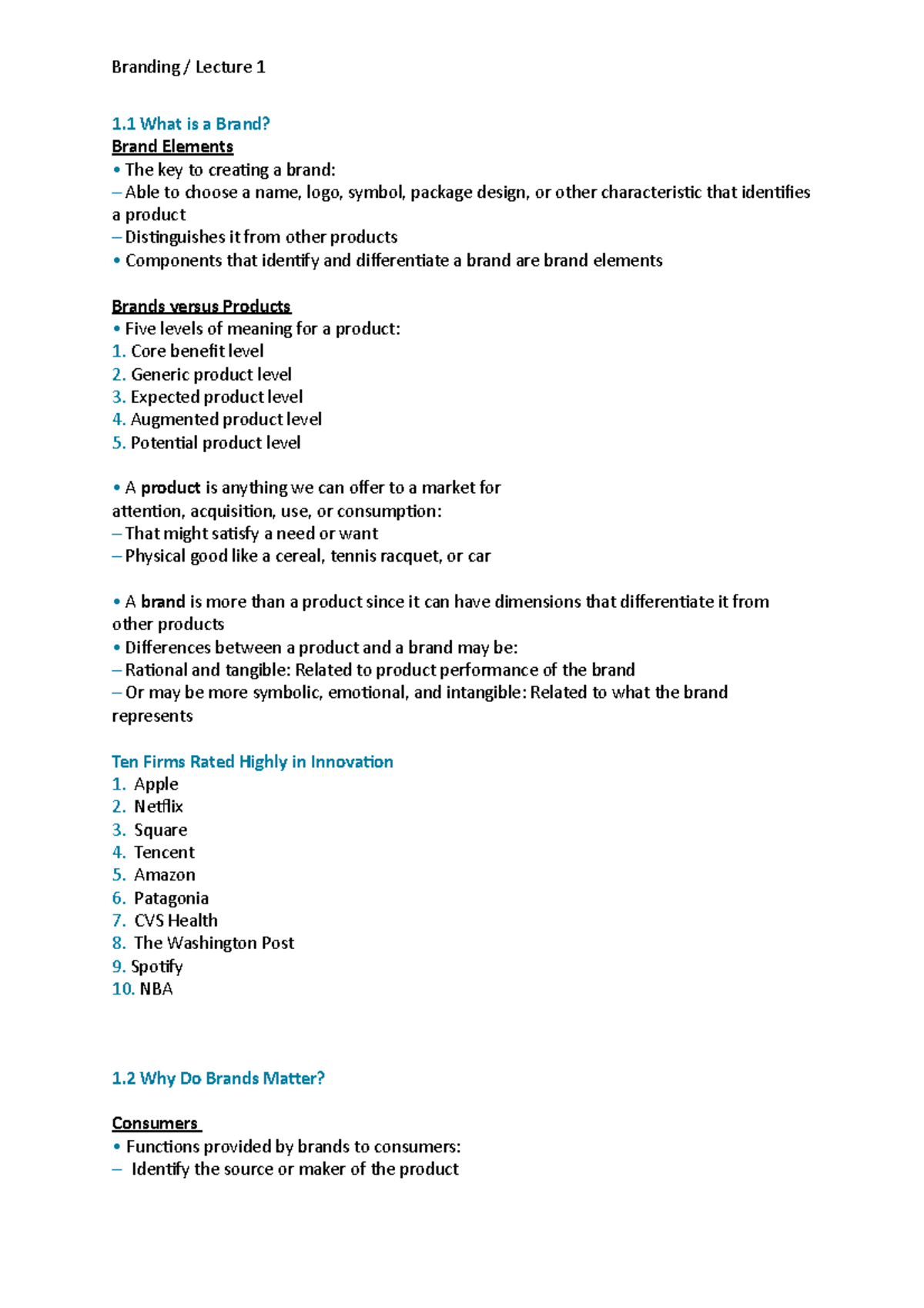 Lecture 1 - notes - Branding Lecture 1 1 What is a Brand? Brand ...