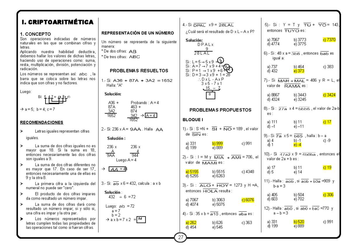 Criptoaritmetica - Practica nivel basico, enfocándose en problemas
