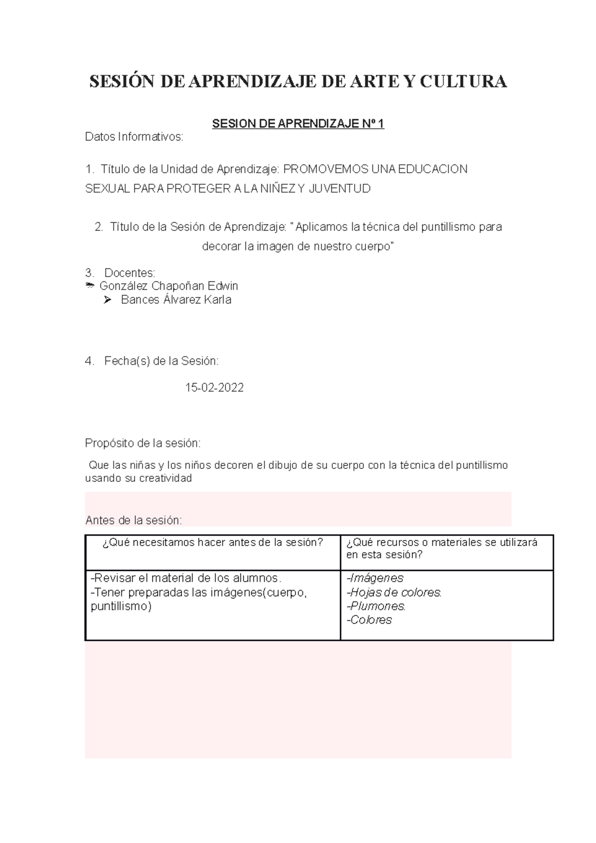 Sesión DE Aprendizaje DE ARTE Y Cultura PARA EL Jueves - SESIÓN DE ...