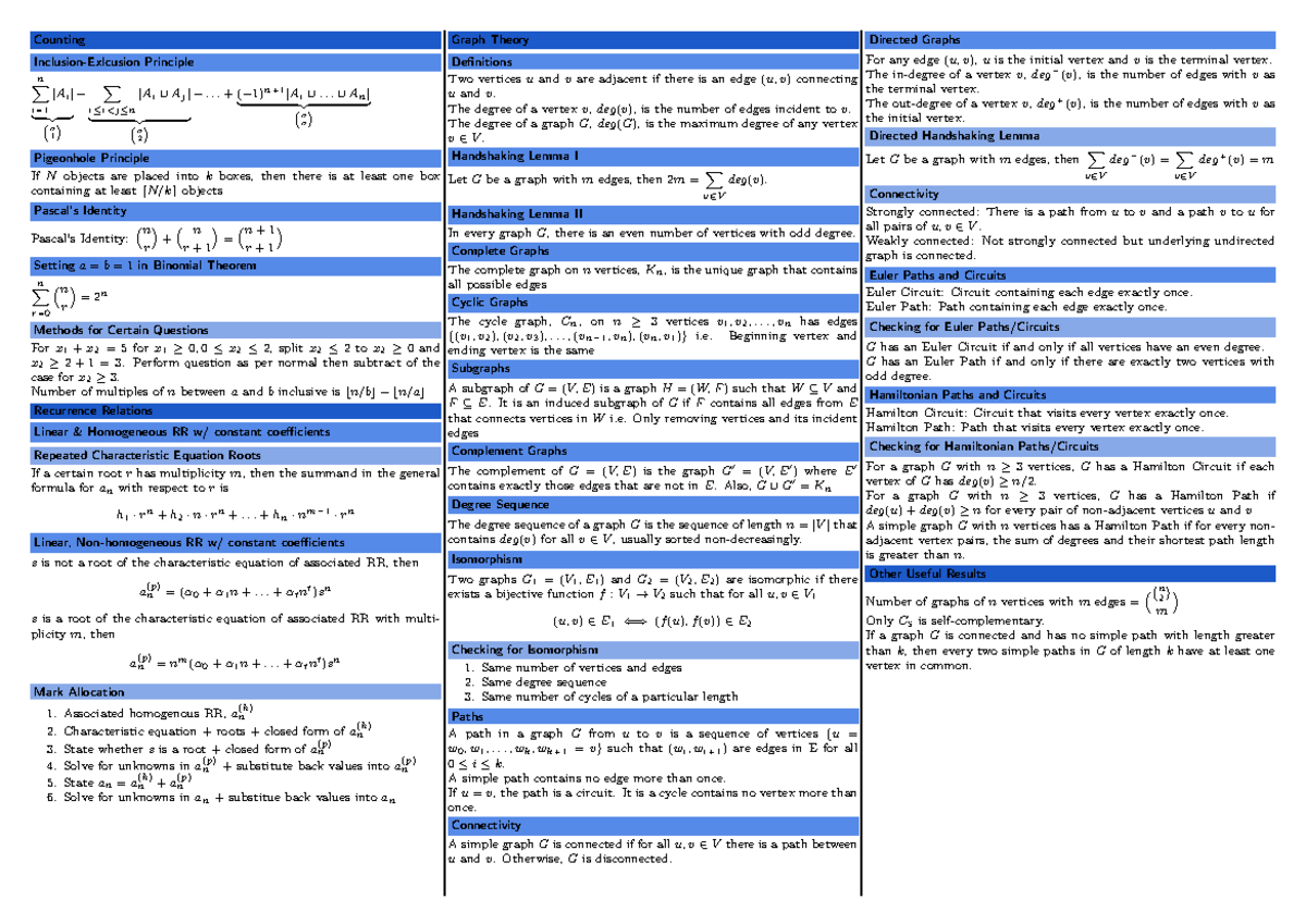 MH1301 Midterm Cheatsheet - Counting Inclusion-Exlcusion Principle ∑ n ...