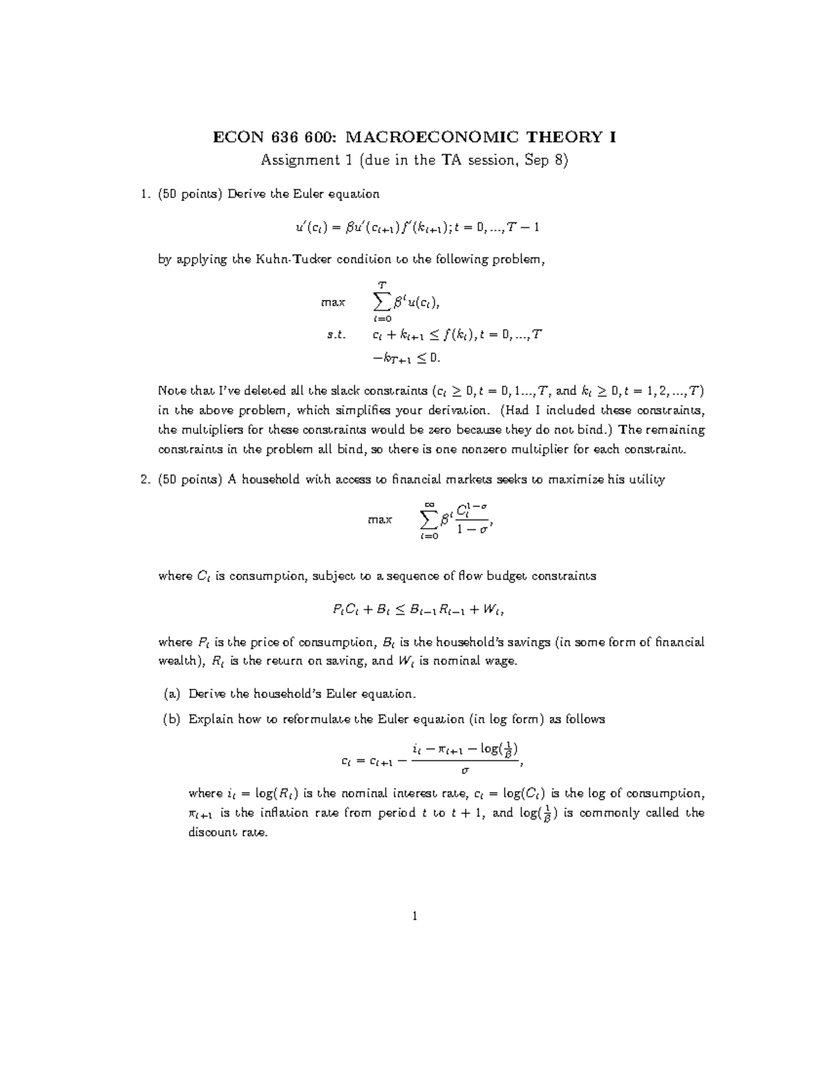 Assignment 1 - ECON 636 600: MACROECONOMIC THEORY I Assignment 1 (due ...