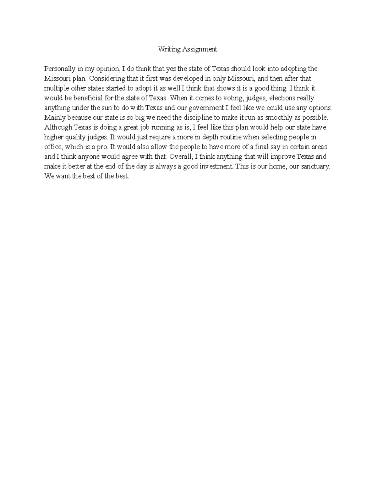 Missouri plan - Writing Assignment Personally in my opinion, I do think ...