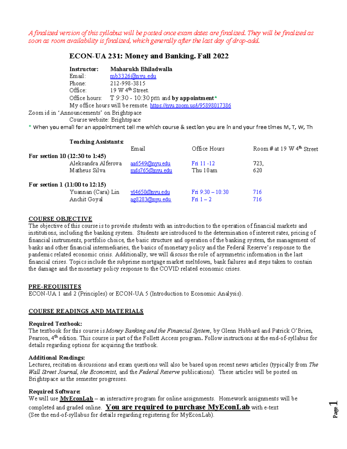 Money and Banking Syllabus 1 A finalized version of this syllabus