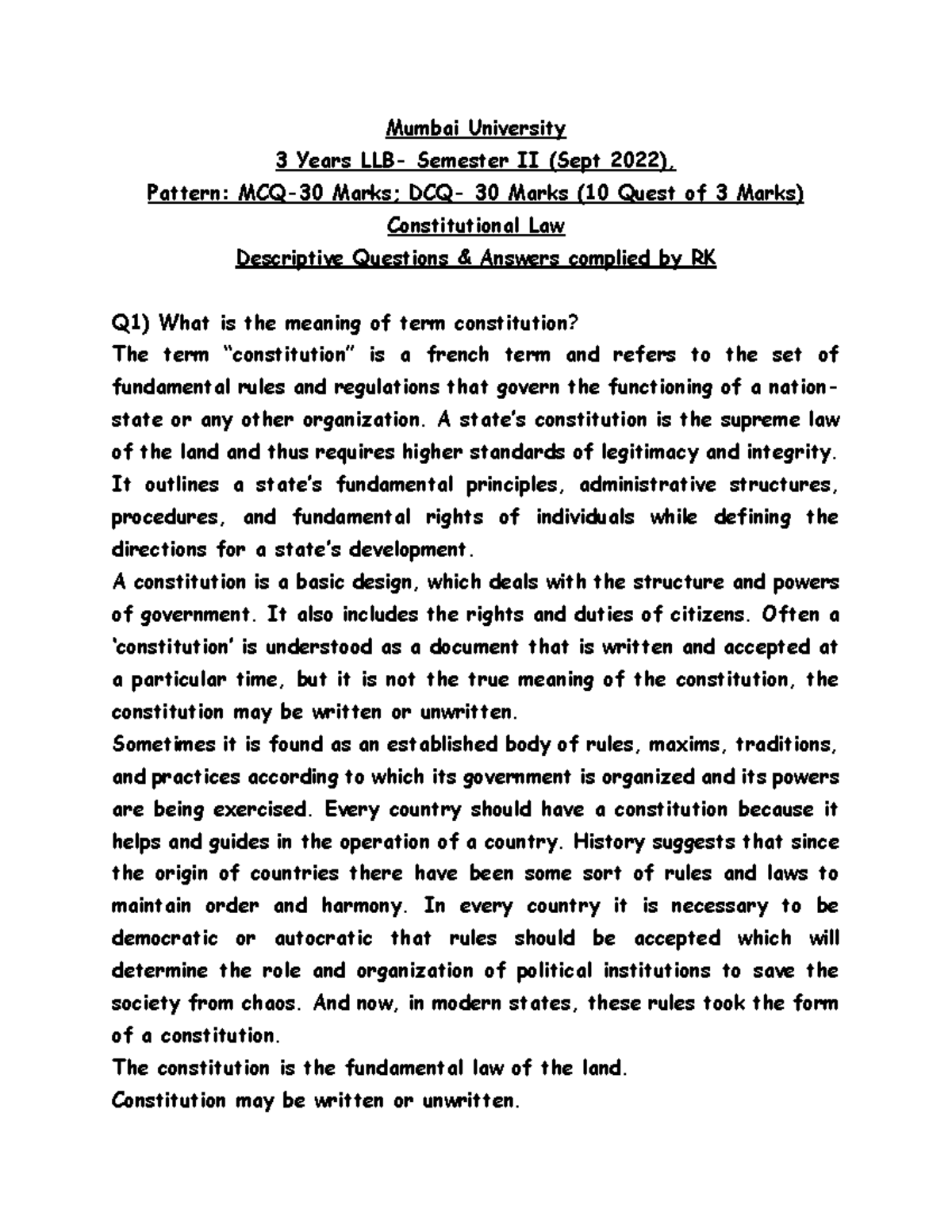 Constitution law DQ RK Notes - Mumbai University 3 Years LLB- Semester ...