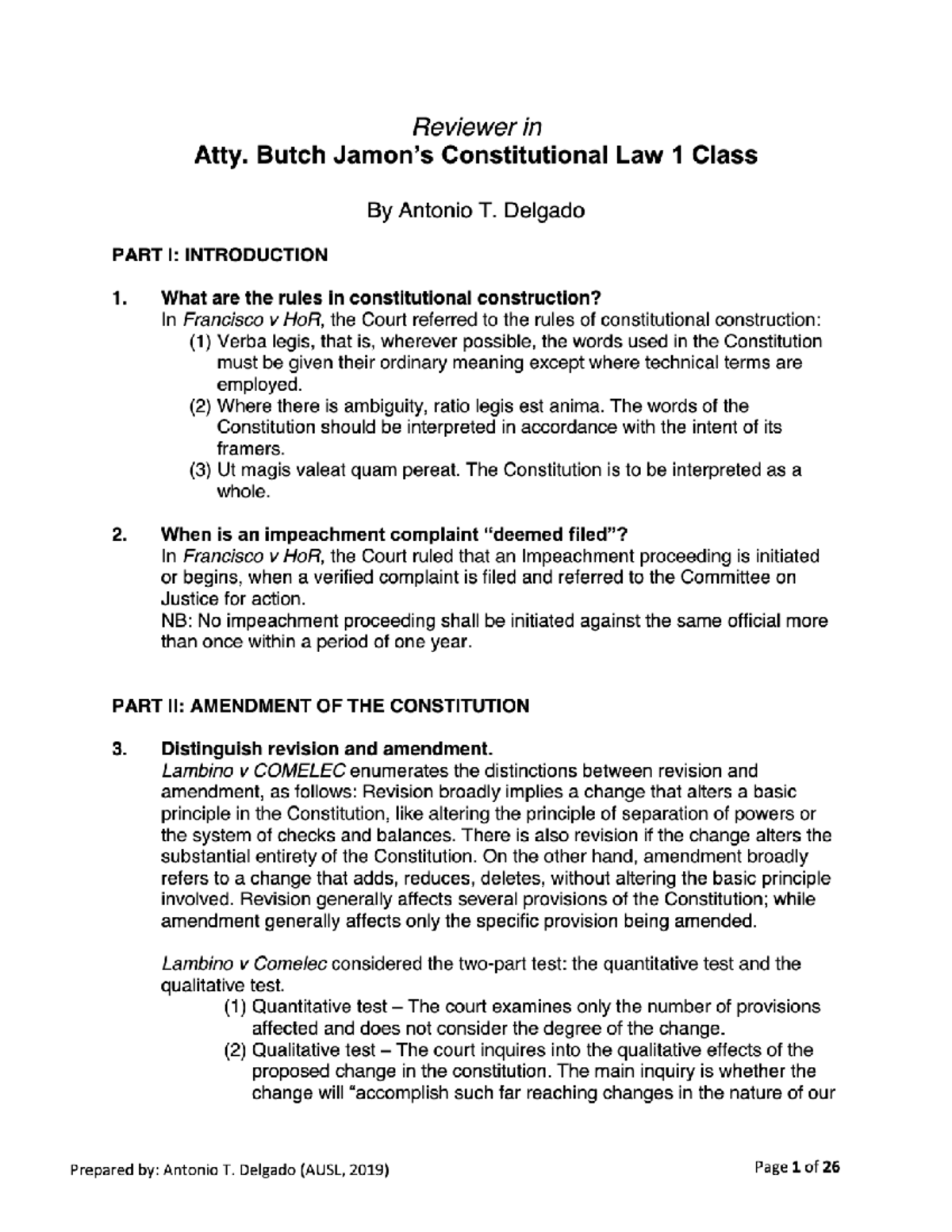 Reviewer in Constitutional Law one class - Consti 1 - Studocu